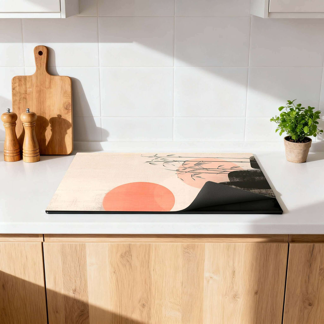 Herdabdeckplatte in moderner Küche mit Holz