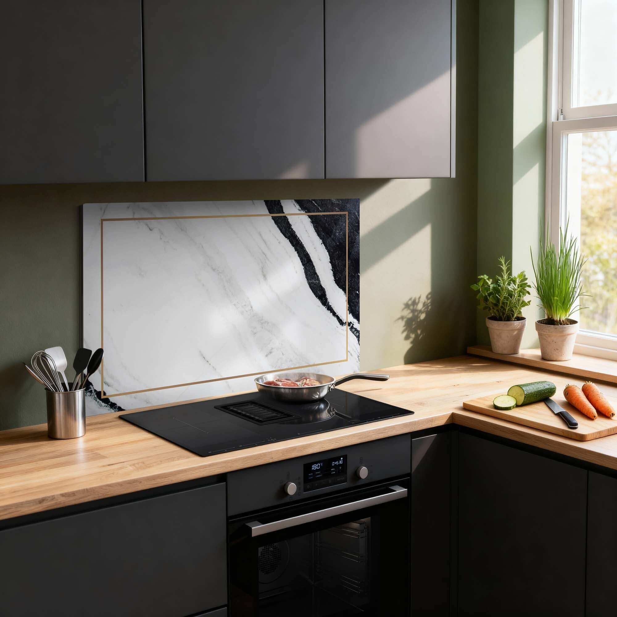 Luxuriöse rosafarbene Spritzschutzwand in einer modernen Küche