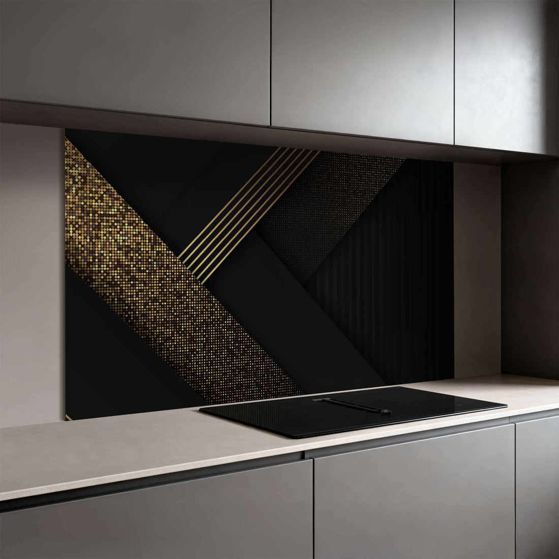 Golden Geometry Splashback in einer modernen Küche mit einer geometrischen Spritzwand in Schwarz und Gold für ein stilvolles Küchendesign und einen luxuriösen Look.