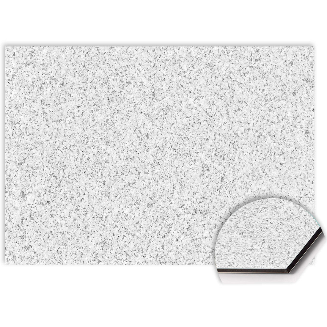 Nahaufnahme des Arctic Granite Spritzschutzes mit weißer Granitstruktur auf kratzfestem und hitzebeständigem Aluminium Dibond