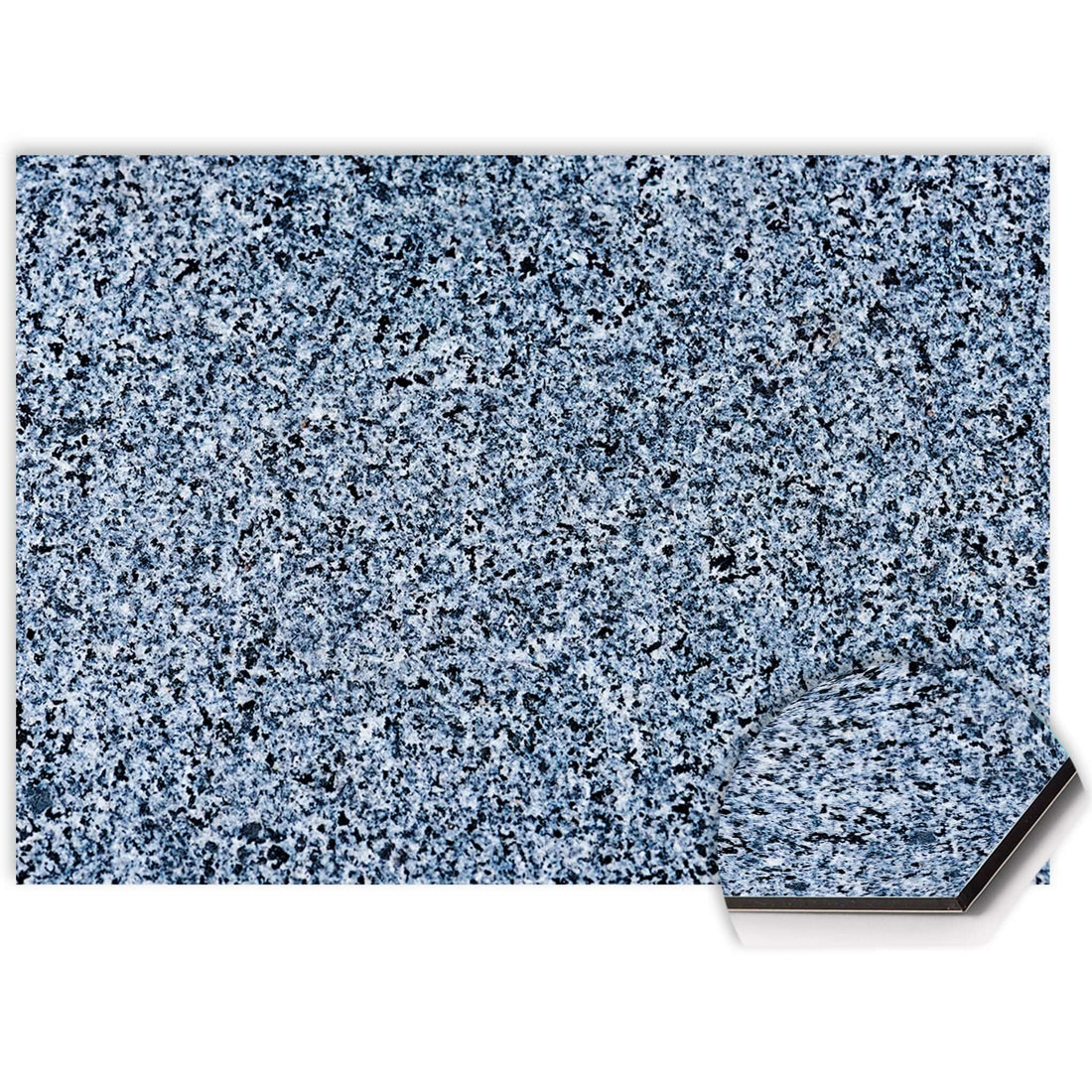 Nahaufnahme von Baltic Granite Splash Screen mit blau-weißer Granitstruktur auf pflegeleichtem Aluminium Dibond