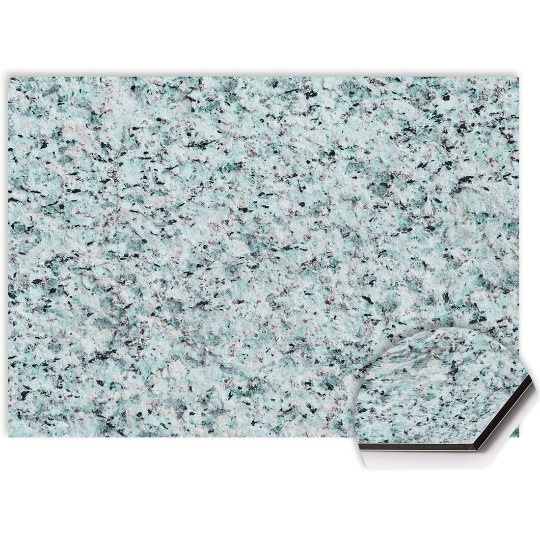 Nahaufnahme des Baltic Mist Spritzschutzes mit blau-grüner Granitstruktur auf kratzfestem und hitzebeständigem Aluminium Dibond