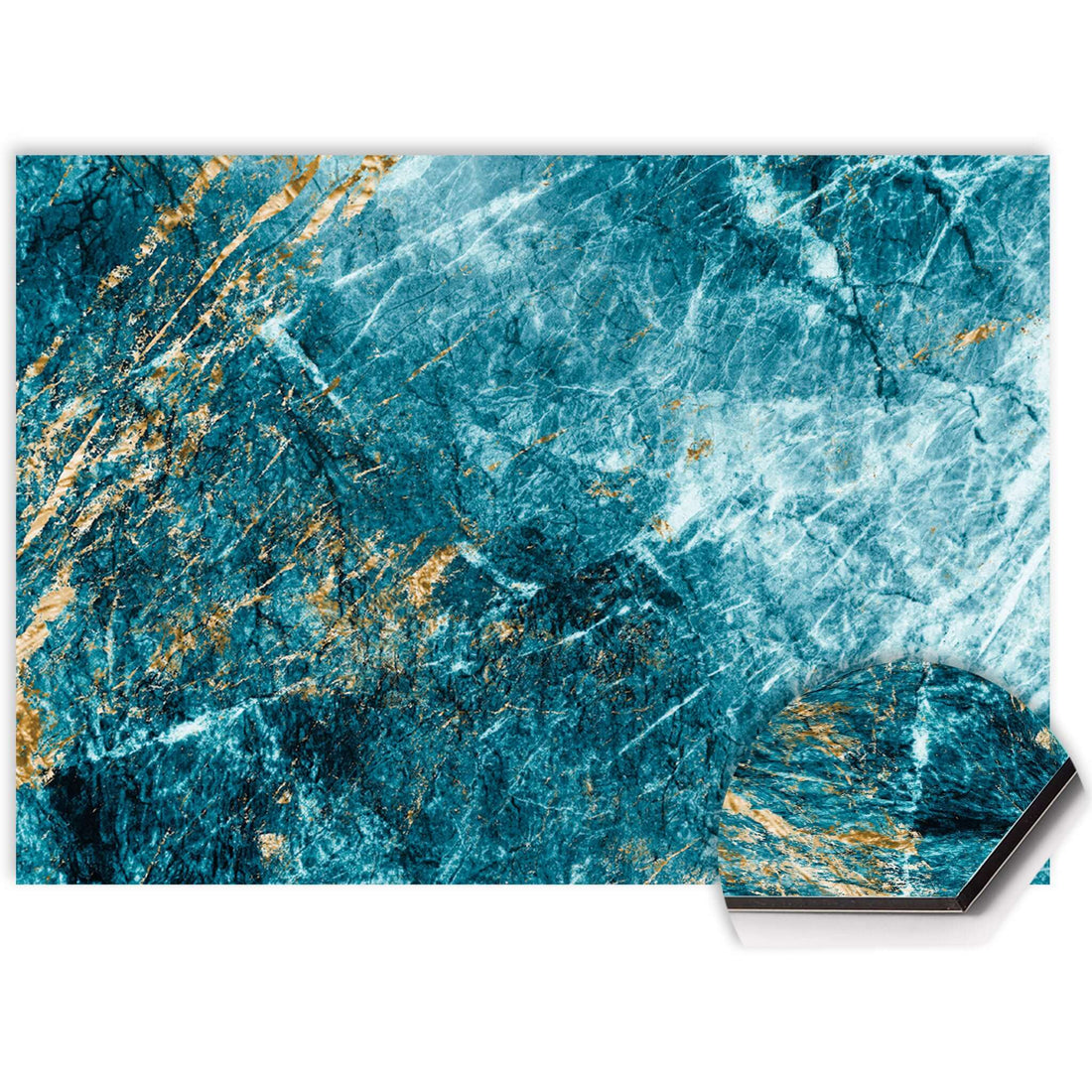 Nahaufnahme eines blauen Marmorspritzschutzes mit goldenen Details, Aluminium Dibond