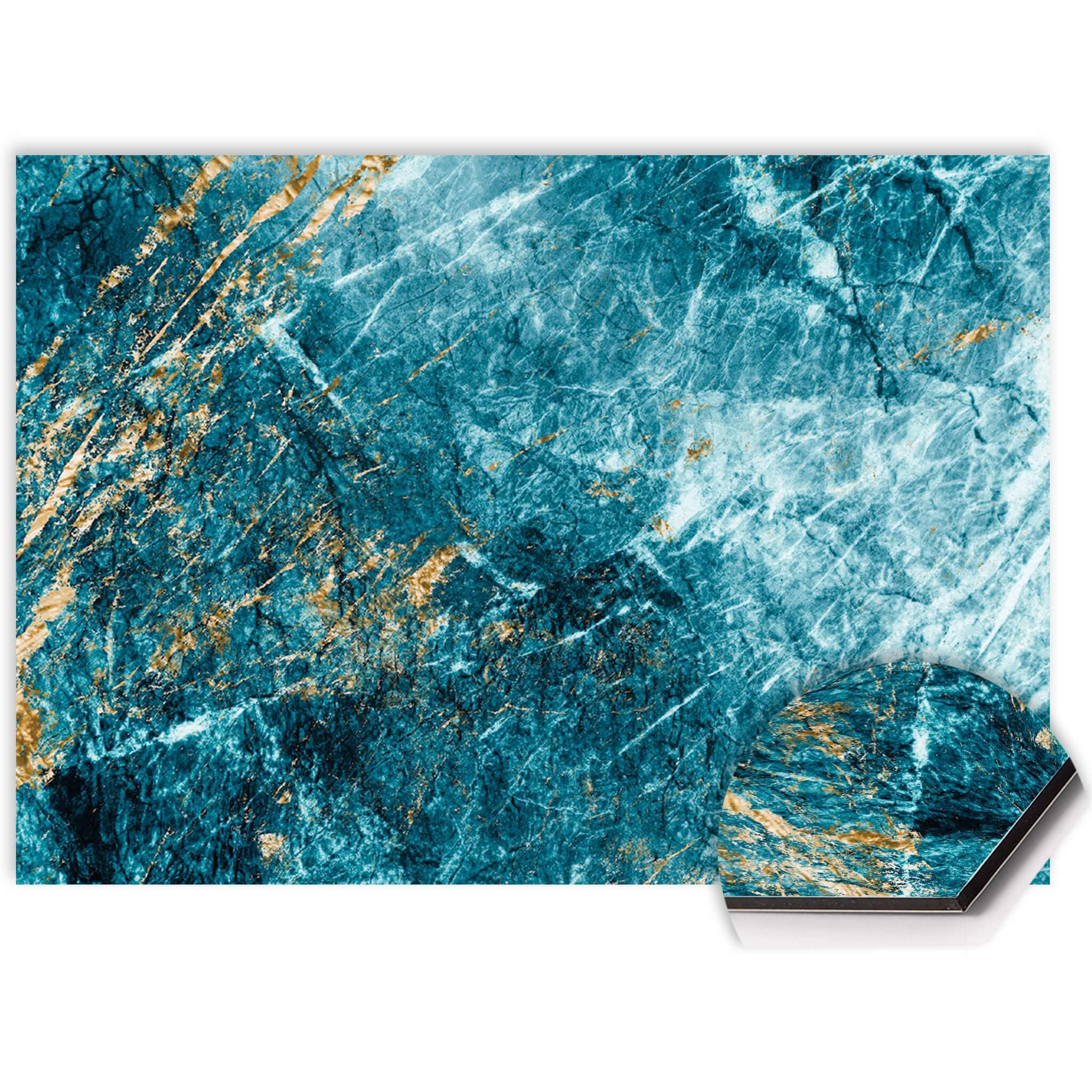 Nahaufnahme eines blauen Marmorspritzschutzes mit goldenen Details, Aluminium Dibond