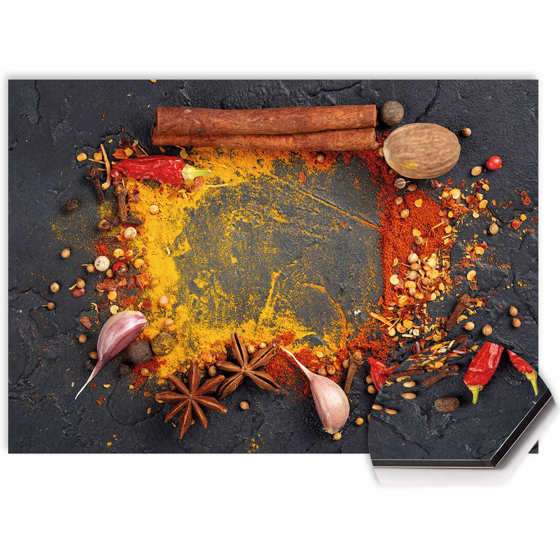 Nahaufnahme des Eastern Spice Mix Splash Screens mit bunten Kräutern und Gewürzen