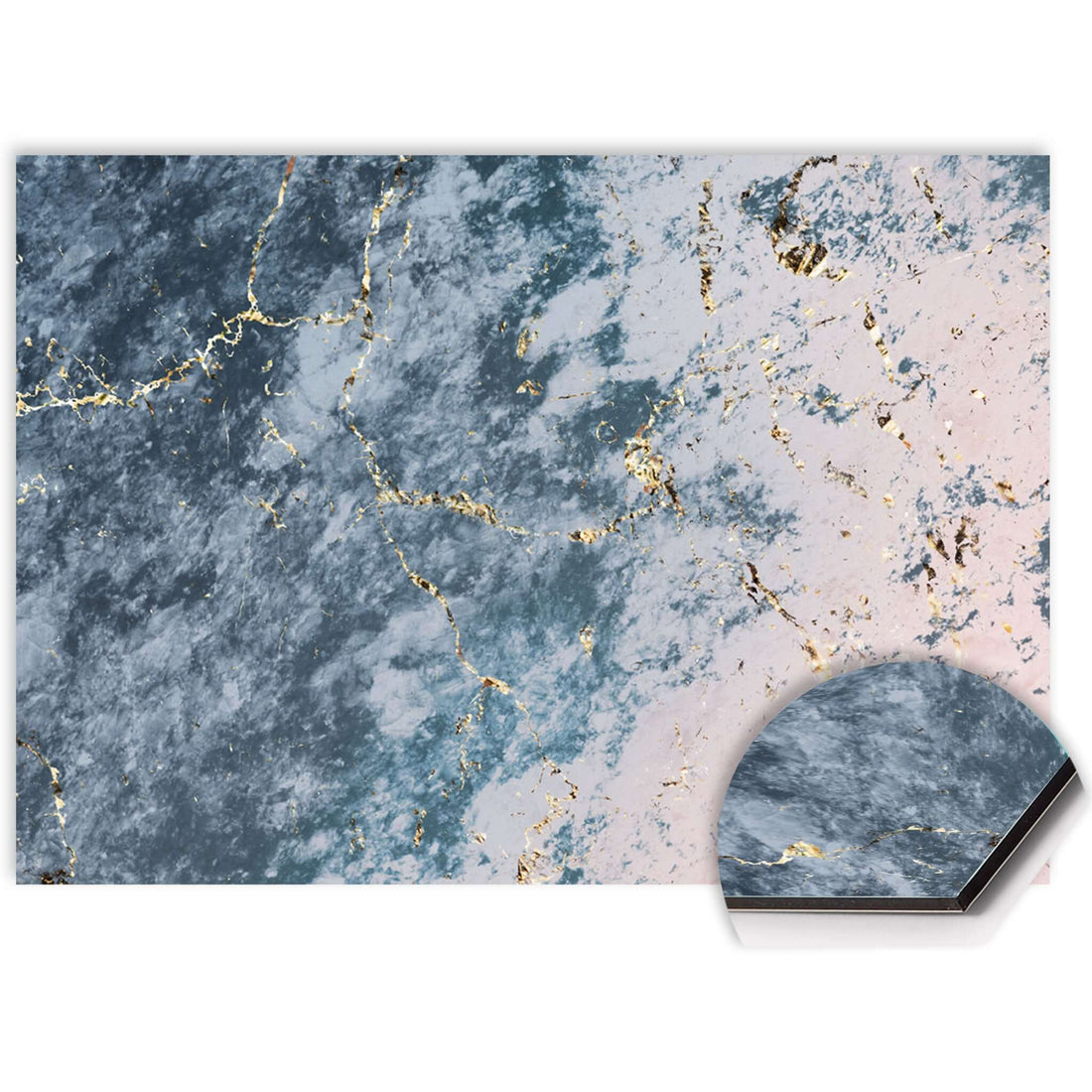 Luxuriöse Küchenrückwand in Marmoroptik mit ozeanblauen, rosa und goldenen Details