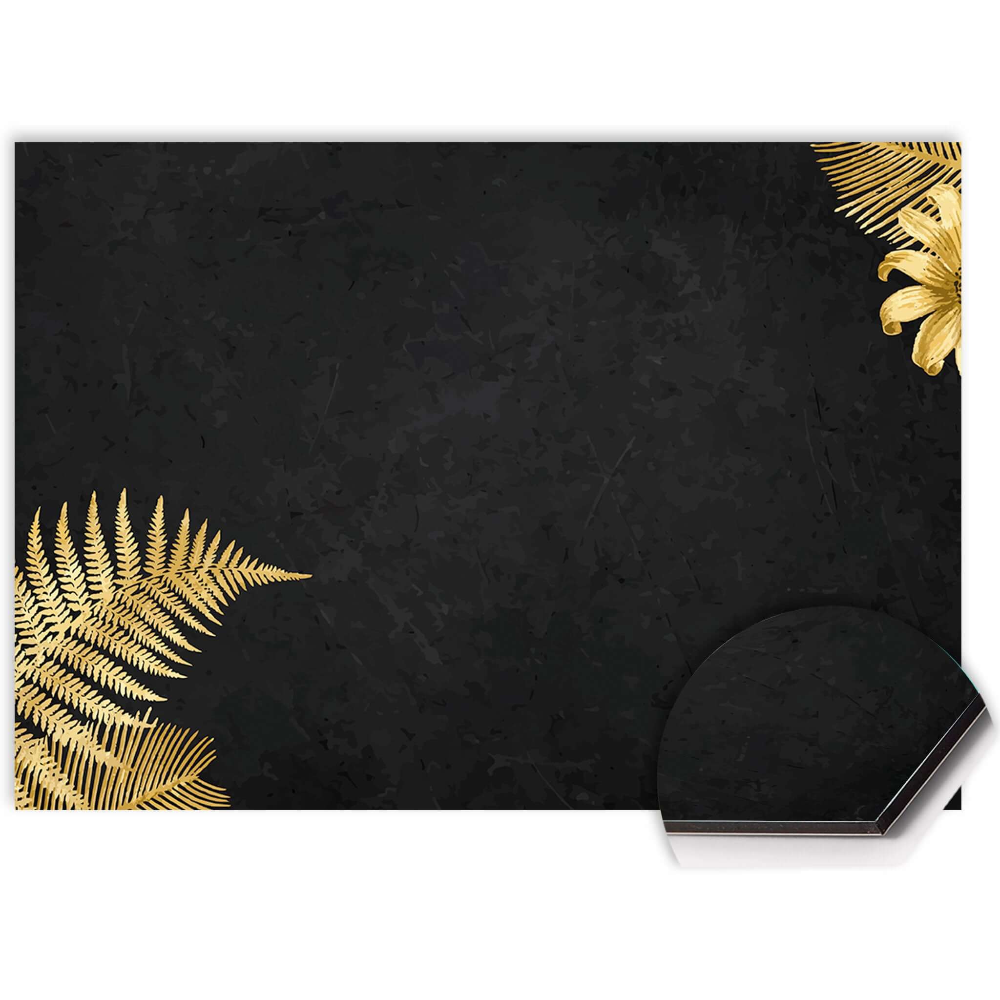 Goldener Farn Touch Spritzschutz mit schwarzem Hintergrund und goldenen Farnen, stilvoller Spritzschutz für die Küche und Spritzwanddekor.