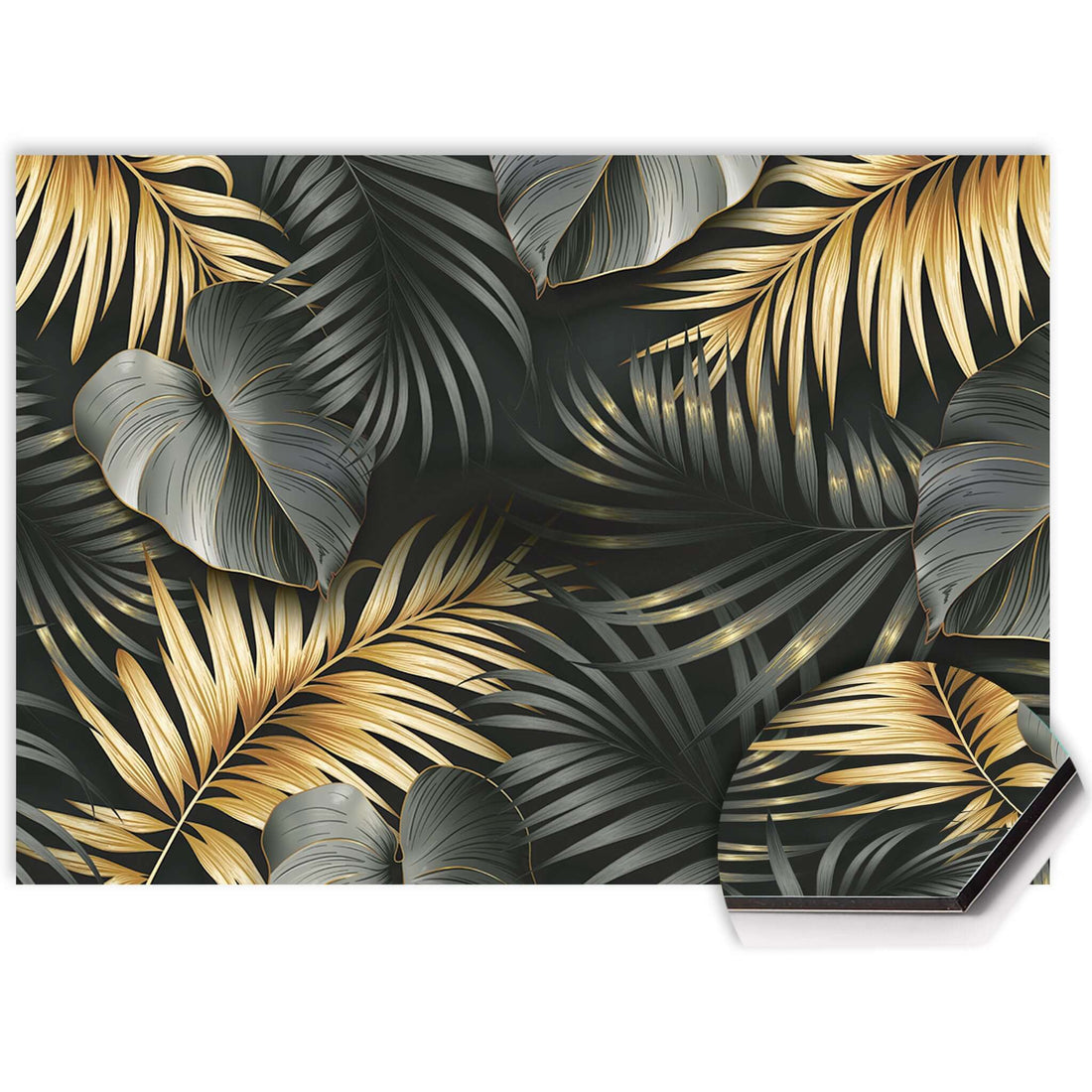 Golden Palms Splash Screen mit goldenem Palmenblattmuster, stilvoller Küchenspritzschutz und Spritzschutz in Schwarz für einen luxuriösen Look.