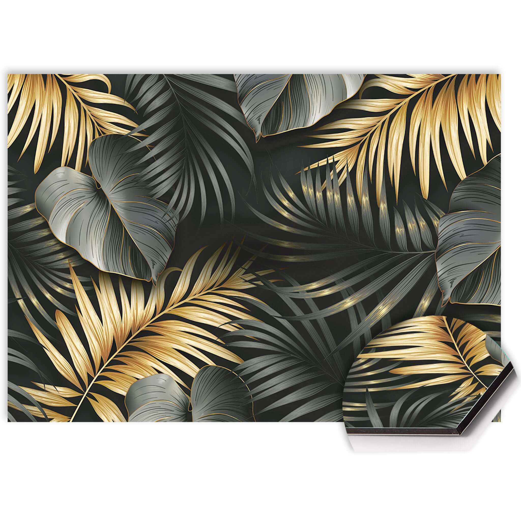 Golden Palms Splash Screen mit goldenem Palmenblattmuster, stilvoller Küchenspritzschutz und Spritzschutz in Schwarz für einen luxuriösen Look.