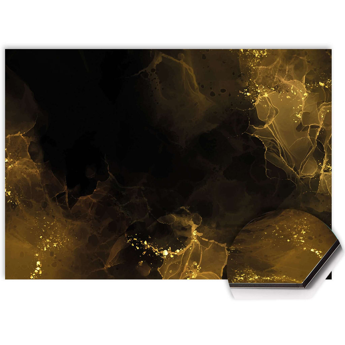 Golden Smoke Splashback mit tiefem Schwarz und rauchgoldenen Akzenten, perfekt als Küchenrückwand oder Spritzschutz.