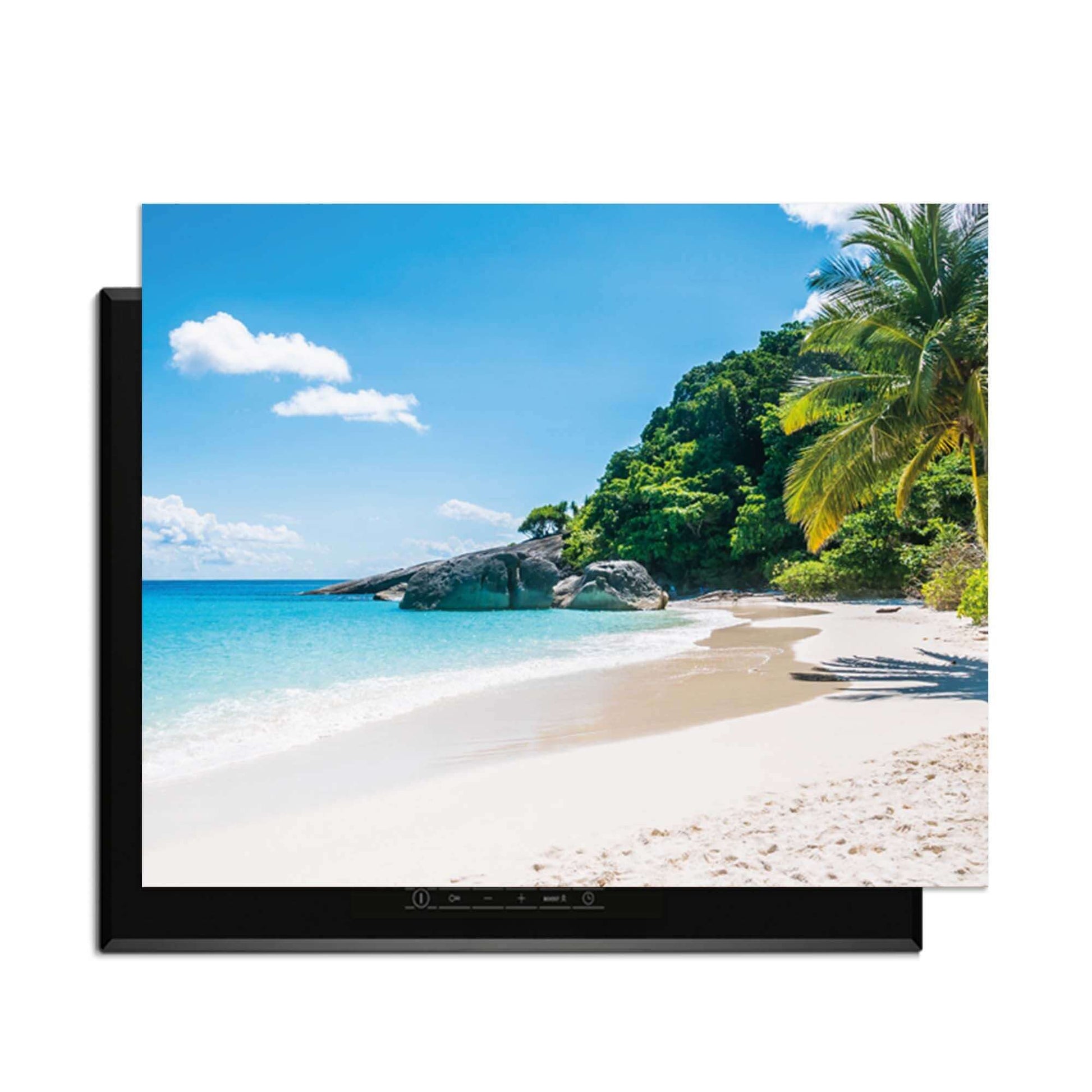 Tropical Escape - Herdabdeckplatte mit Blick auf einen ruhigen tropischen Strand und ein Kochfeld.