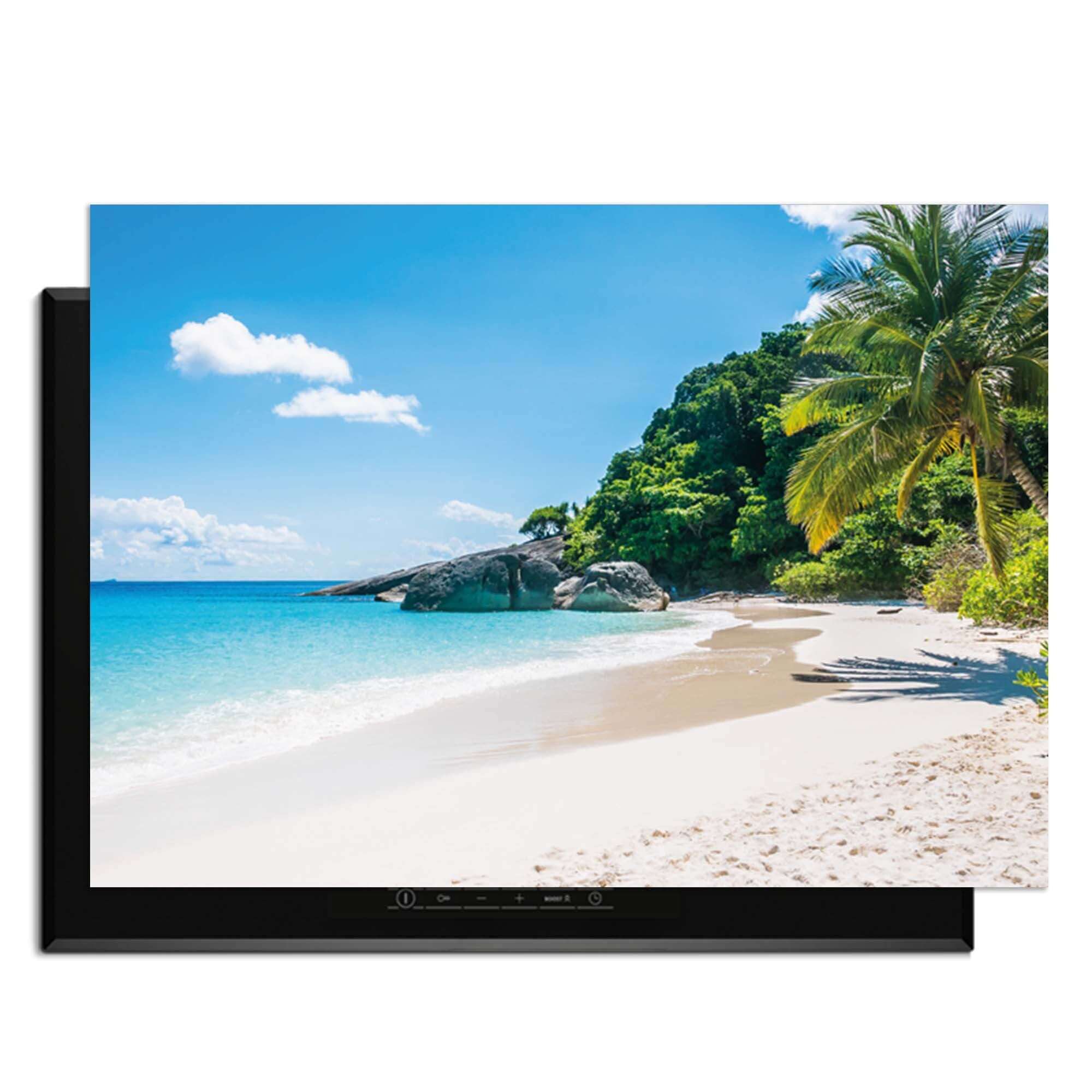 Tropical Escape - Herdabdeckplatte mit heiterem tropischem Strand und Palmen, perfekt für Ihre Küche.