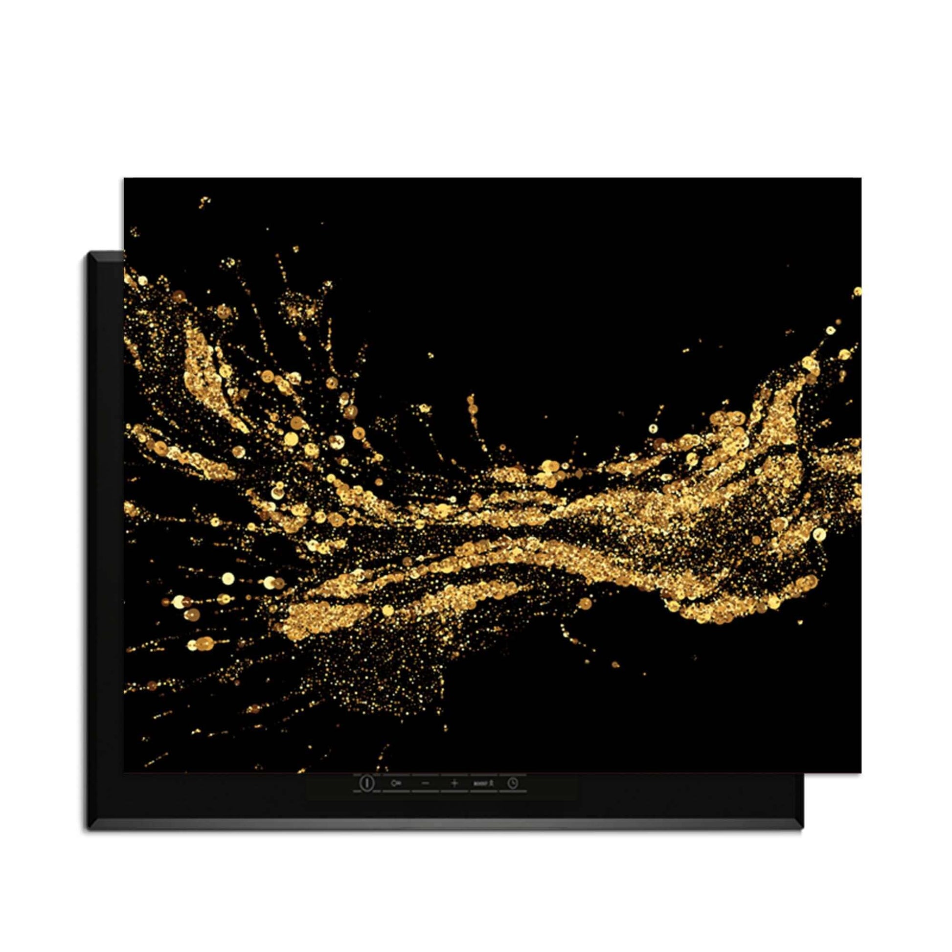 Golden Splash - Herdabdeckplatte mit luxuriösen goldenen Spritzern auf schwarzem Hintergrund.