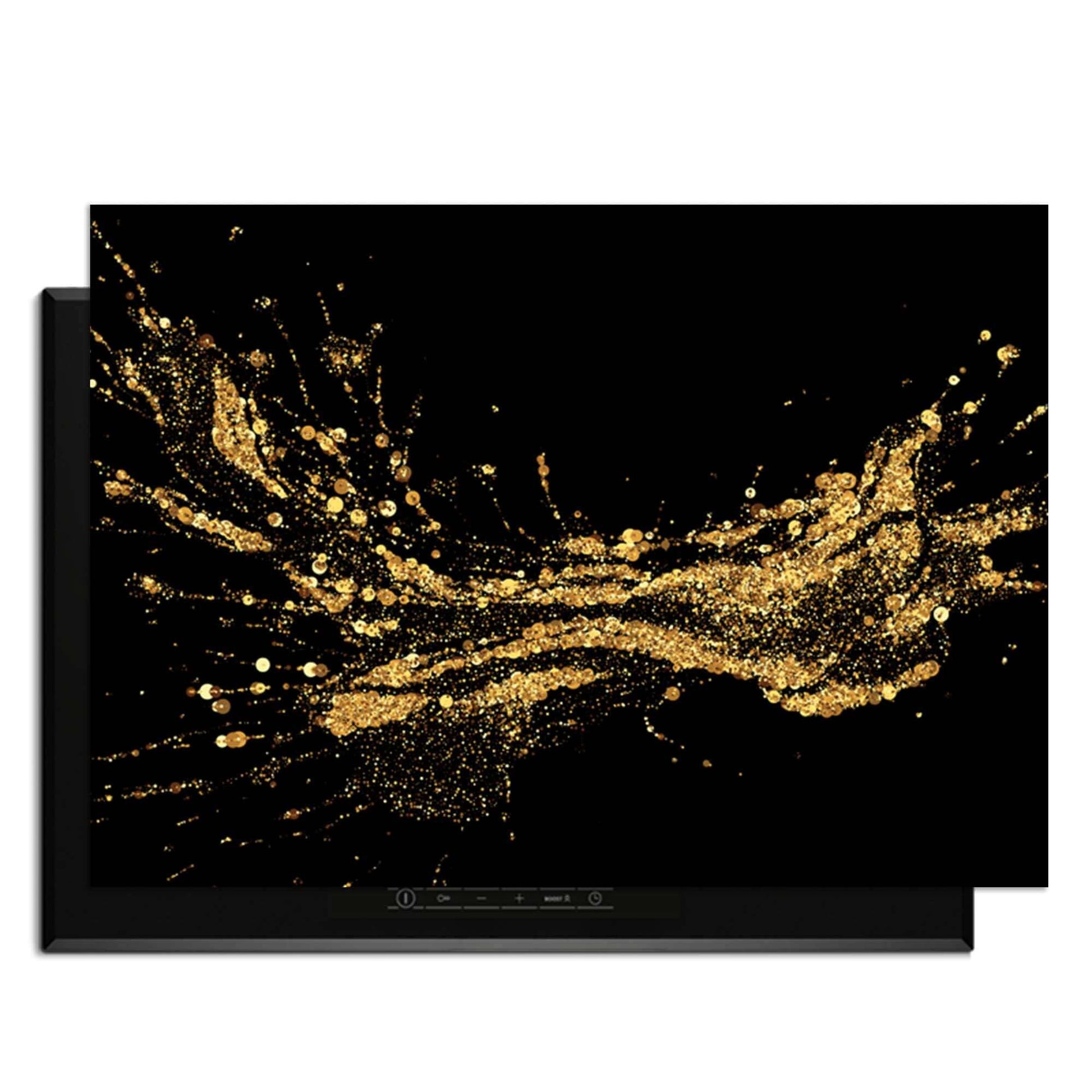 Golden Splash - Herdabdeckplatte mit luxuriösen goldenen Spritzern auf schwarzem Hintergrund für stilvollen Schutz.