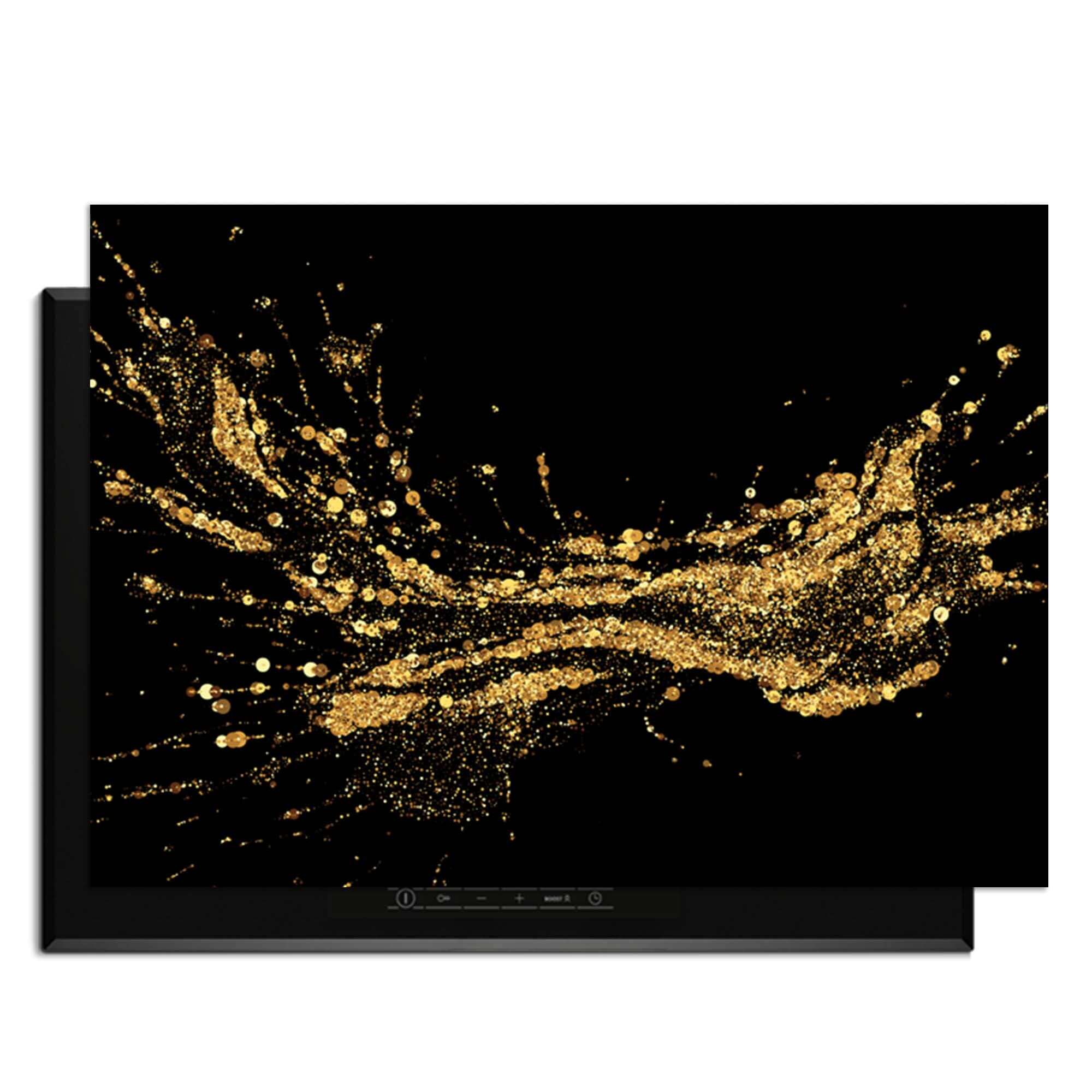 Golden Splash - Herdabdeckplatte mit luxuriösen goldenen Spritzern auf schwarzem Hintergrund für stilvollen Schutz.
