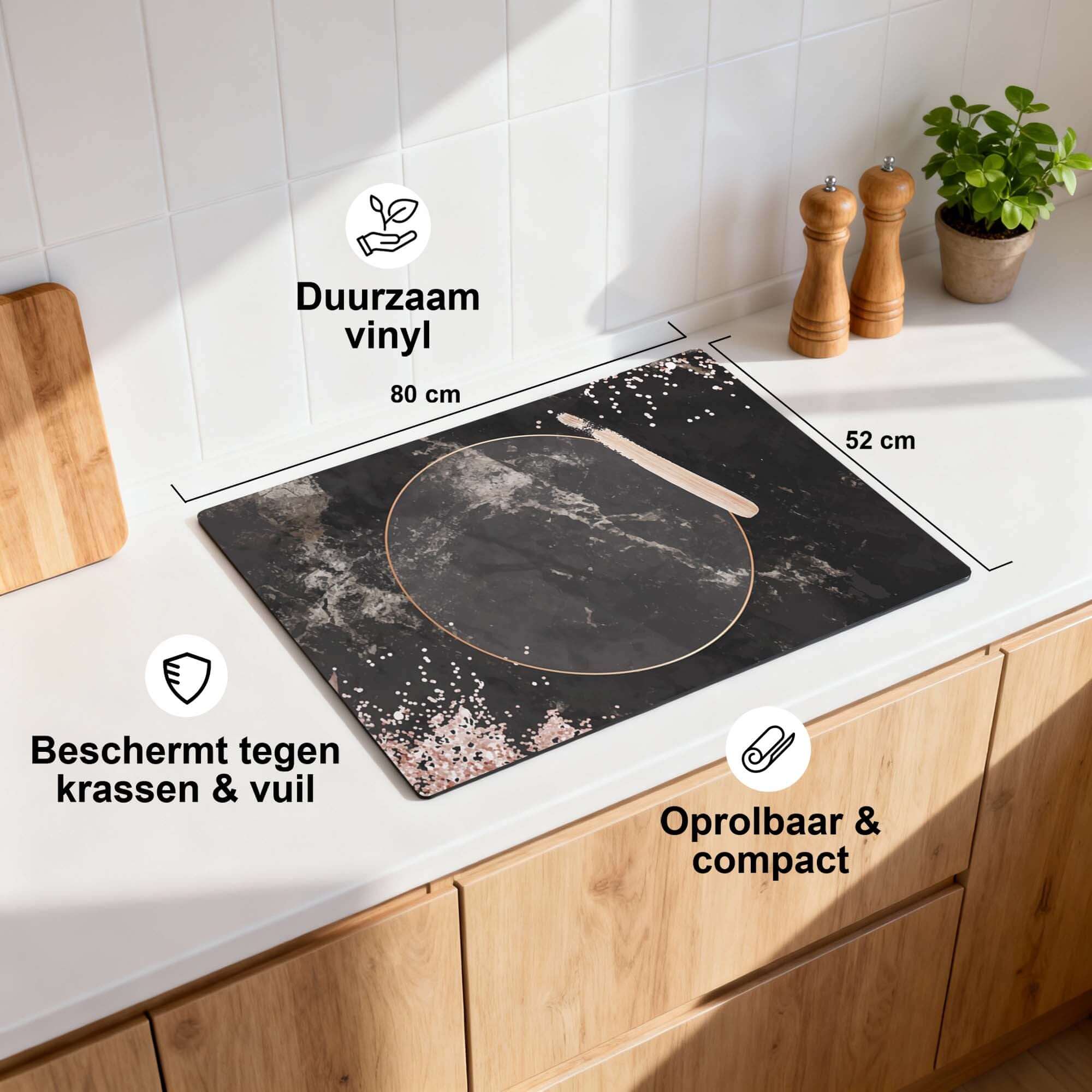 Midnight Rose - Herdabdeckplatte auf einer Küchenarbeitsplatte, haltbares Vinyl mit eleganten Details.