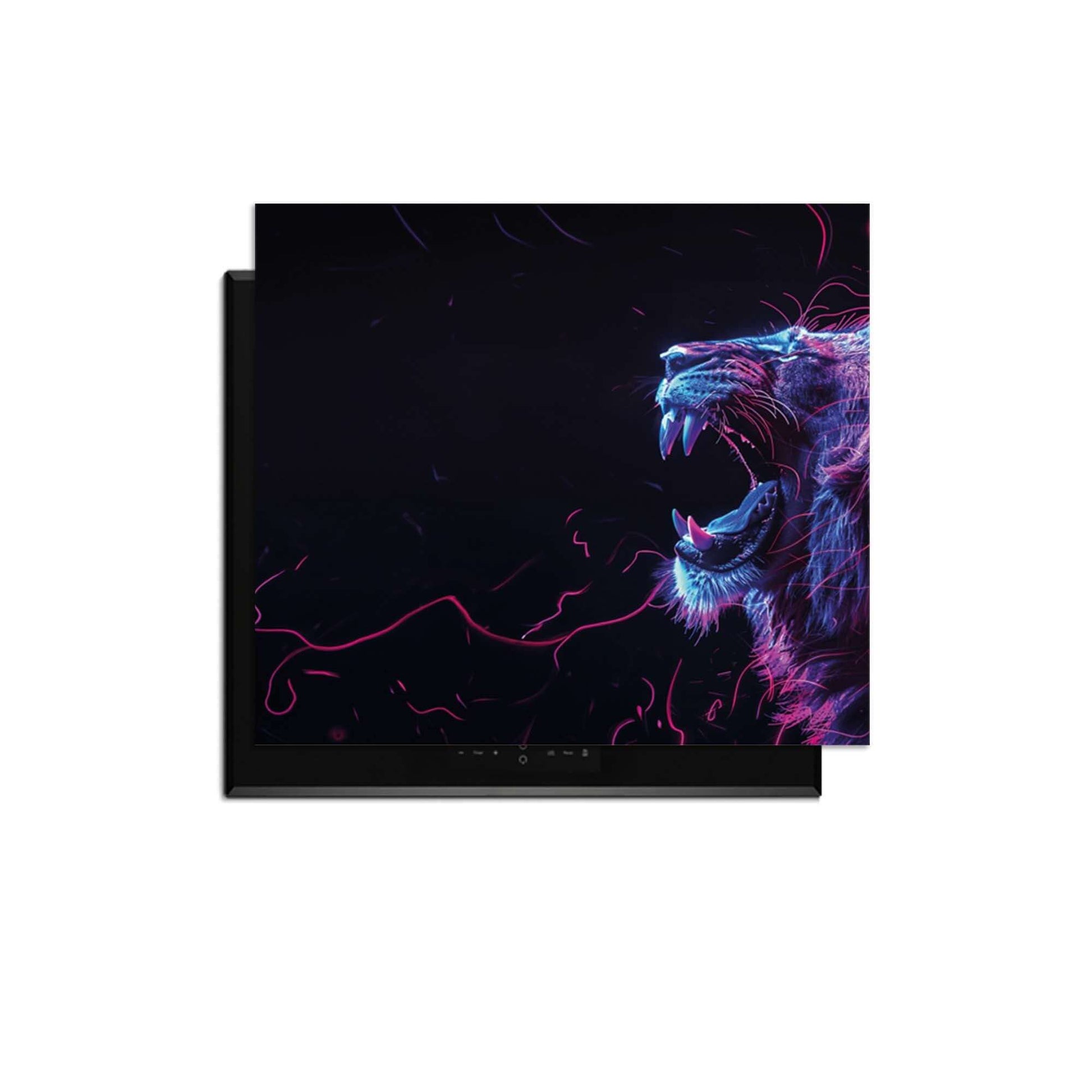 Neon Roar - Herdabdeckplatte mit buntem Löwen, der in der modernen Küche Energie ausstrahlt.