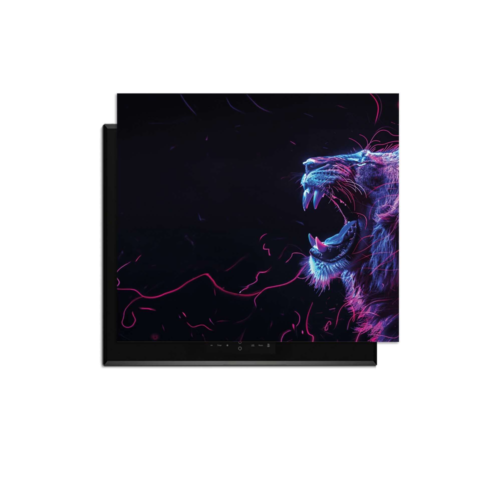 Neon Roar - Herdabdeckplatte mit buntem Löwen, der in der modernen Küche Energie ausstrahlt.