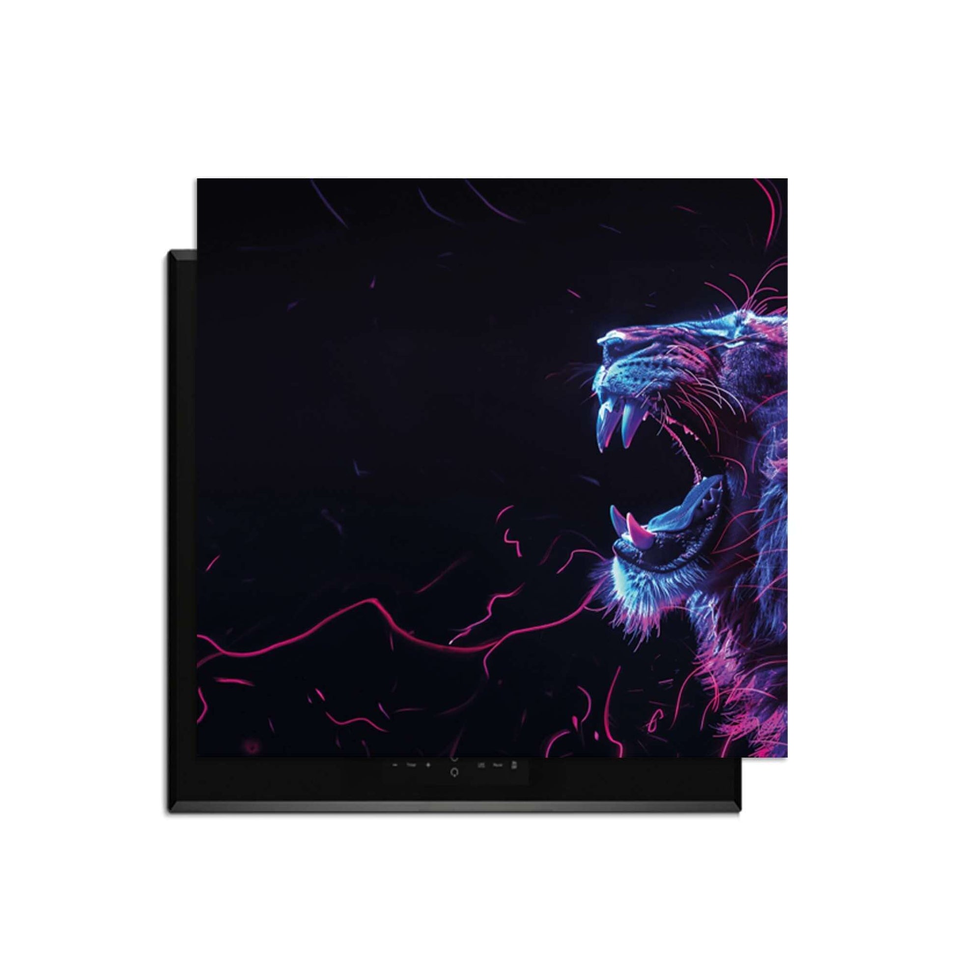 Neon Roar - Herdabdeckplatte mit buntem Löwendesign für moderne Küchen.