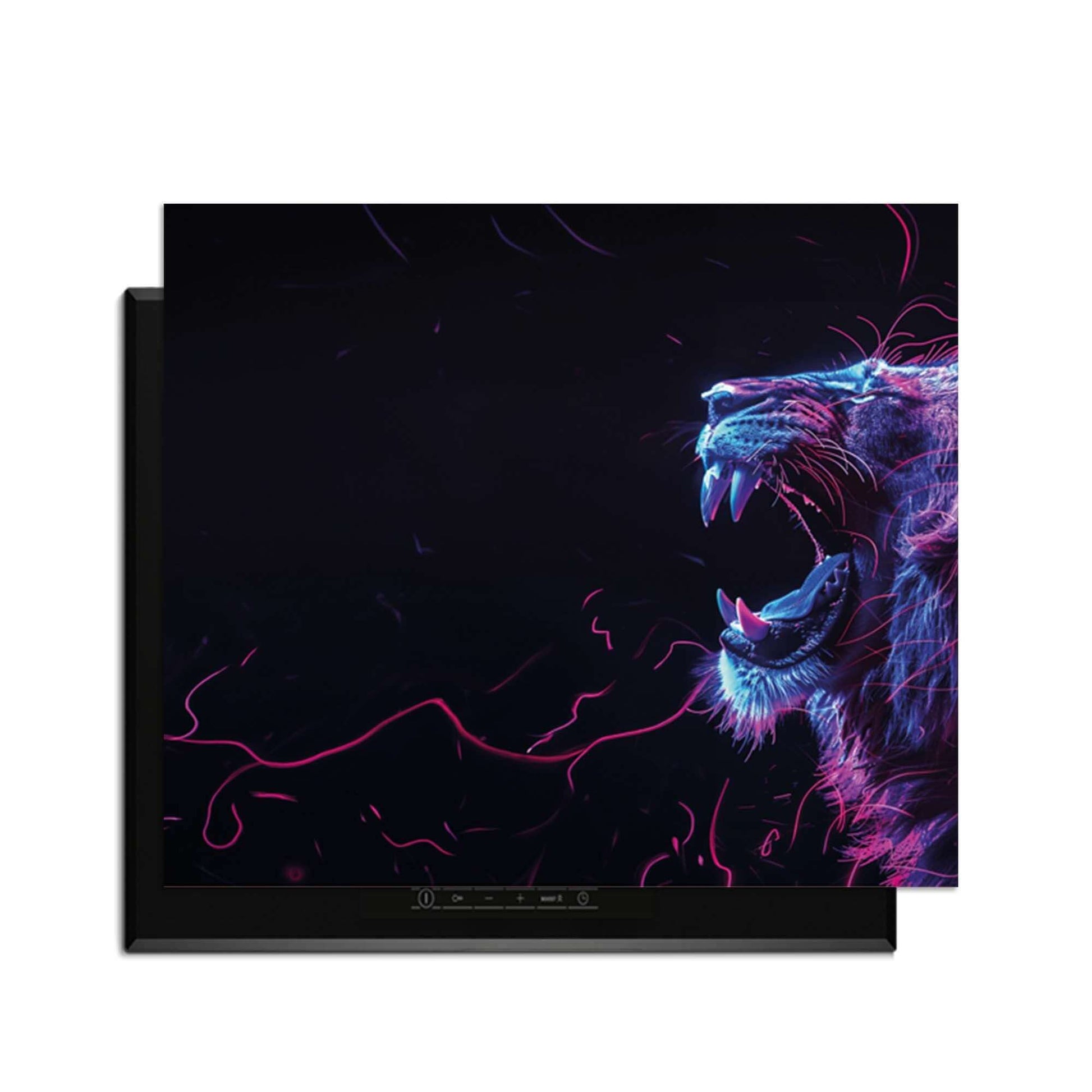 Neon Roar - Herdabdeckplatte mit leuchtenden Farben und kräftigem Löwengesicht für moderne Küchen.