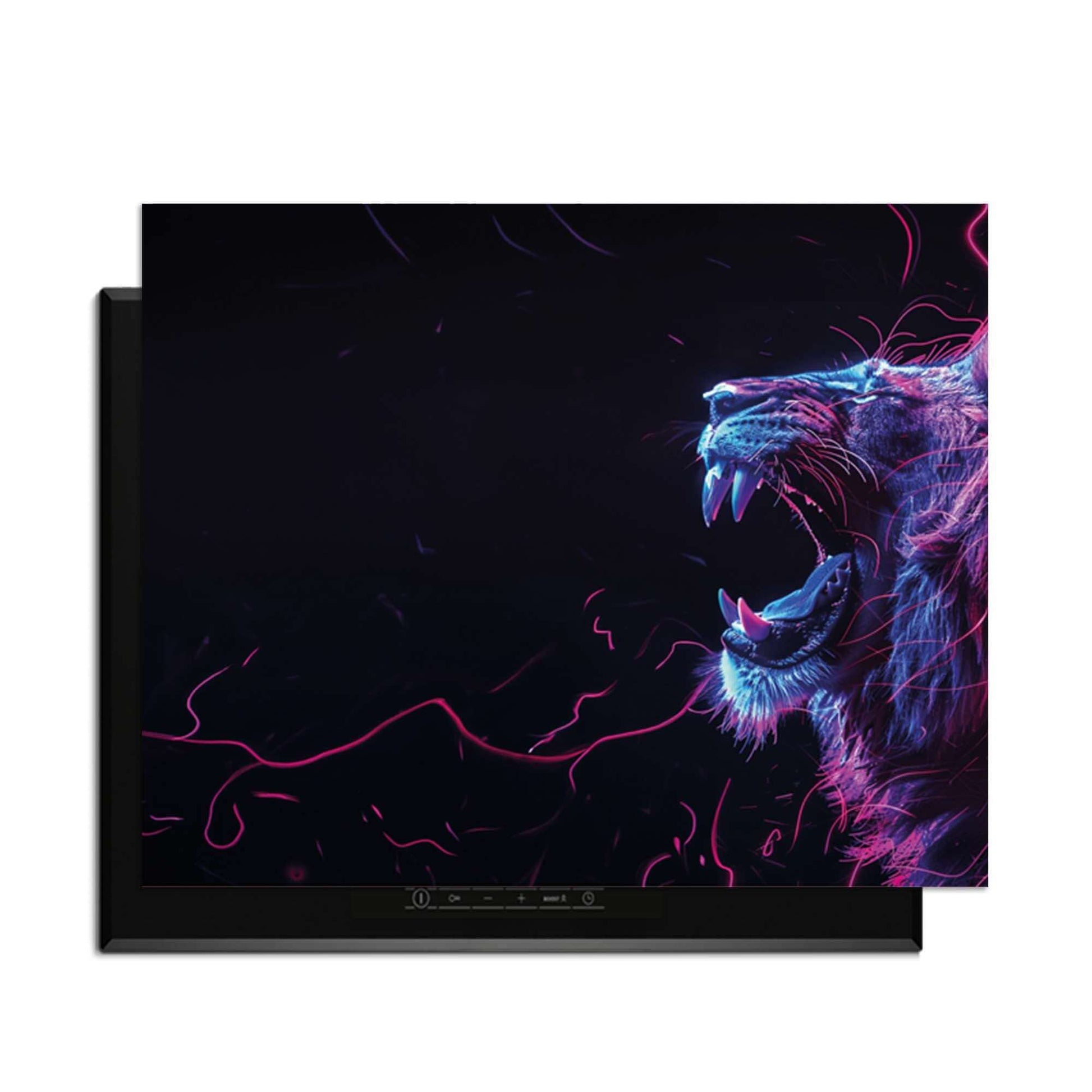 Neon Roar - Herdabdeckplatte mit einem lebhaften Löwen, perfekt für eine moderne Küche.