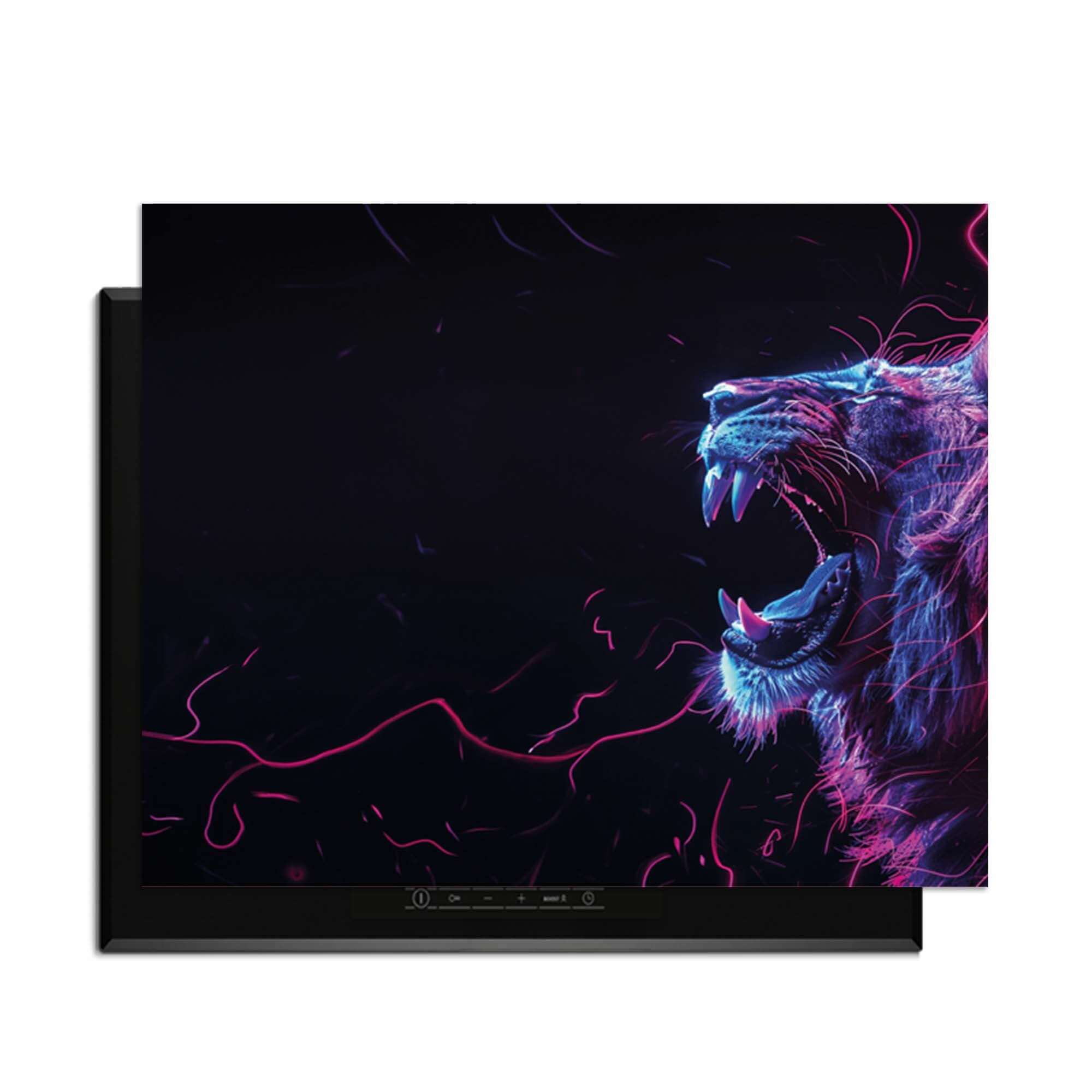 Neon Roar - Herdabdeckplatte mit einem lebhaften Löwen, perfekt für eine moderne Küche.