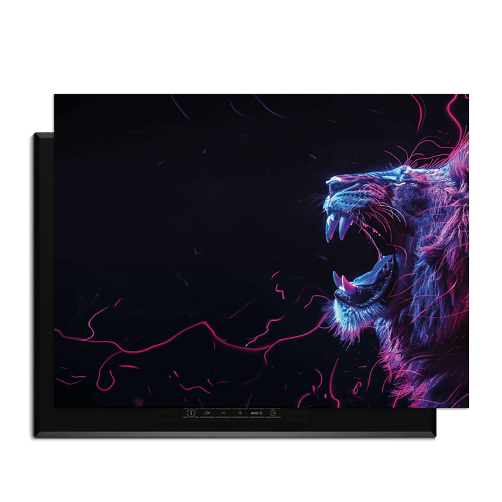 Neon Roar - Herdabdeckplatte mit einem farbigen Löwen, der Energie und Kraft ausstrahlt.