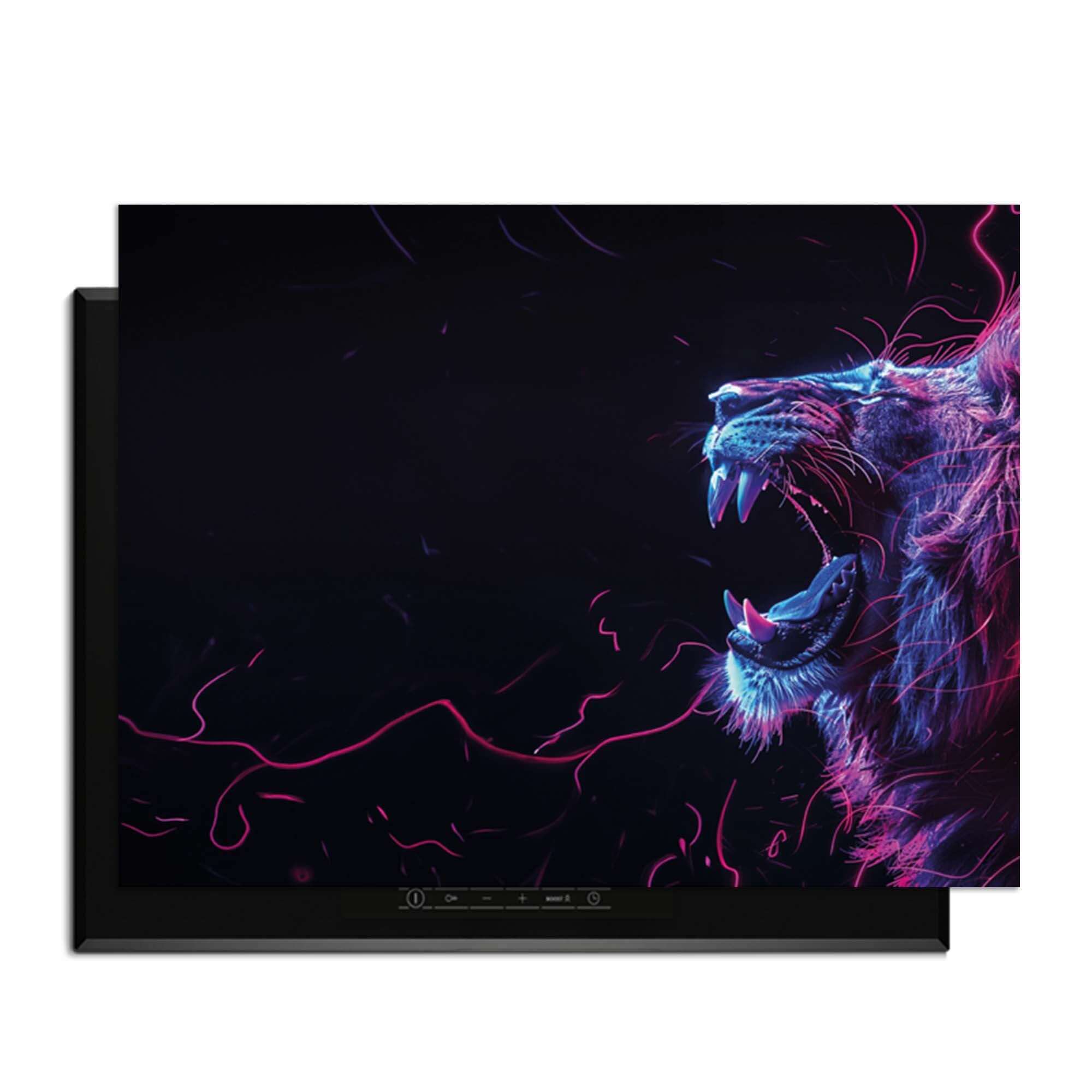 Neon Roar - Herdabdeckplatte mit einem farbigen Löwen, der Energie und Kraft ausstrahlt.