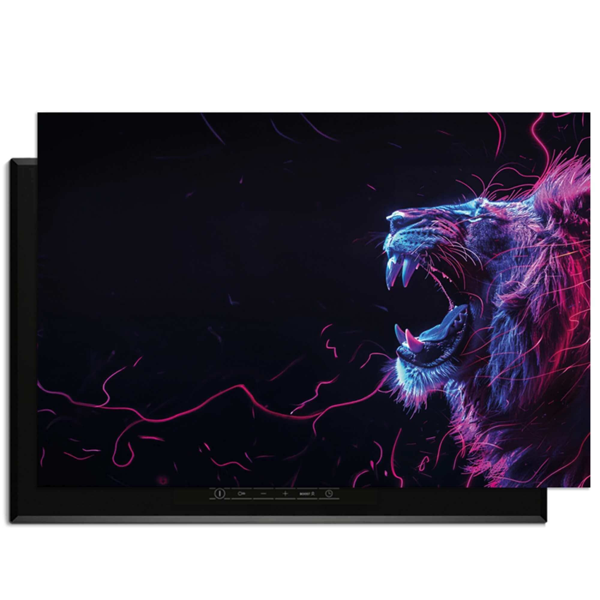 Neon Roar - Herdabdeckplatte mit einem farbenfrohen Löwendesign, perfekt für moderne Küchen.