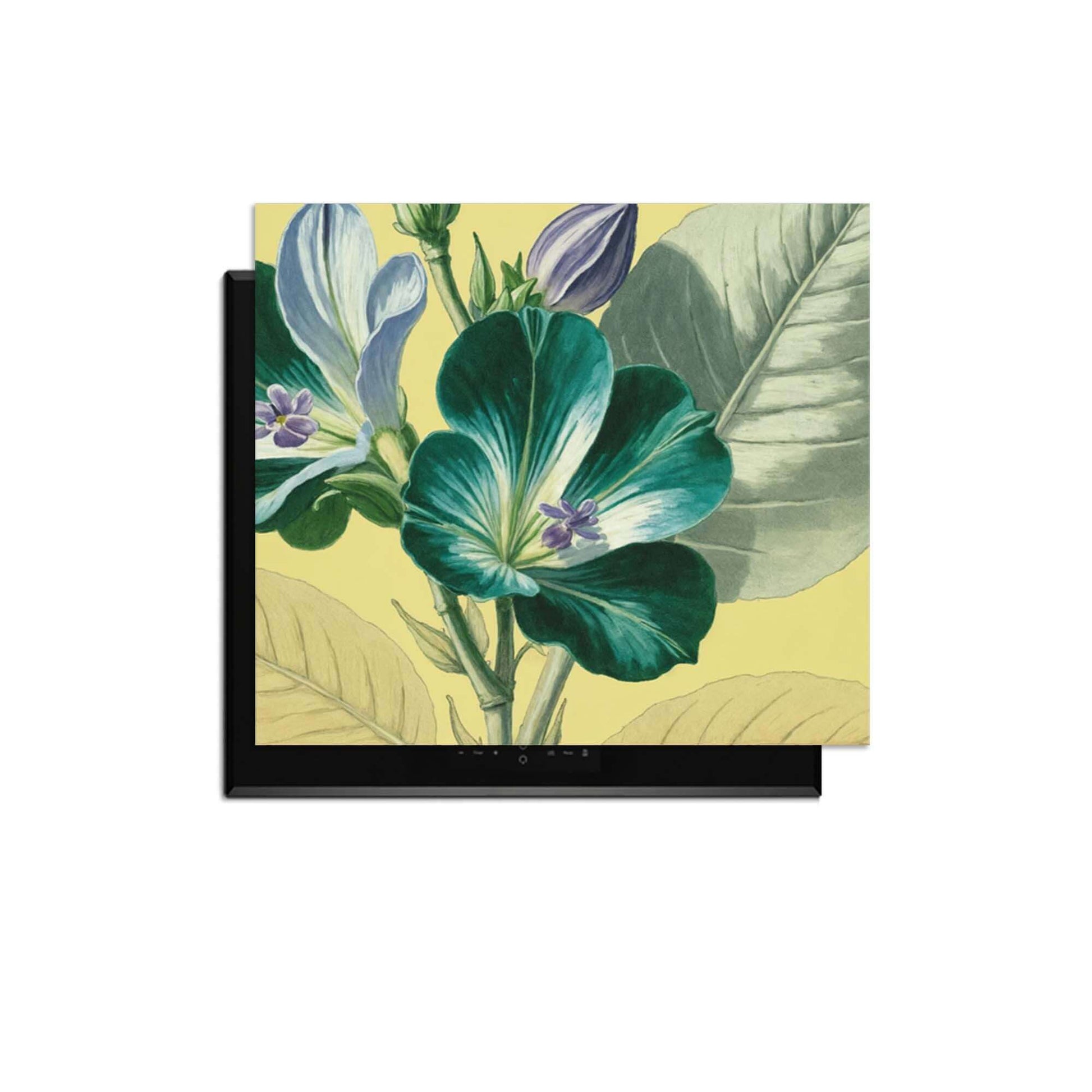 Botanical Glow - Herdabdeckplatte mit leuchtenden Blumen auf warmem gelben Leinen für einen botanischen Look.