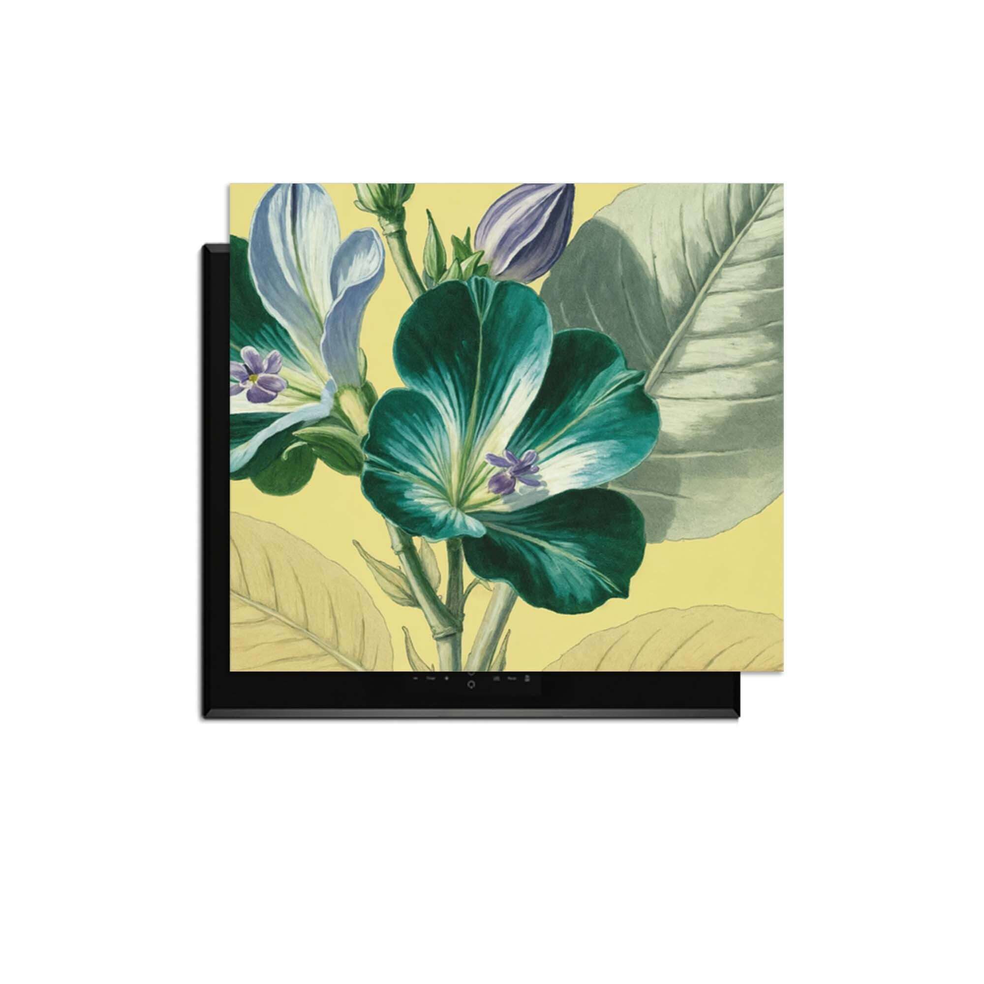 Botanical Glow - Herdabdeckplatte mit leuchtenden Blumen auf warmem gelben Leinen für einen botanischen Look.