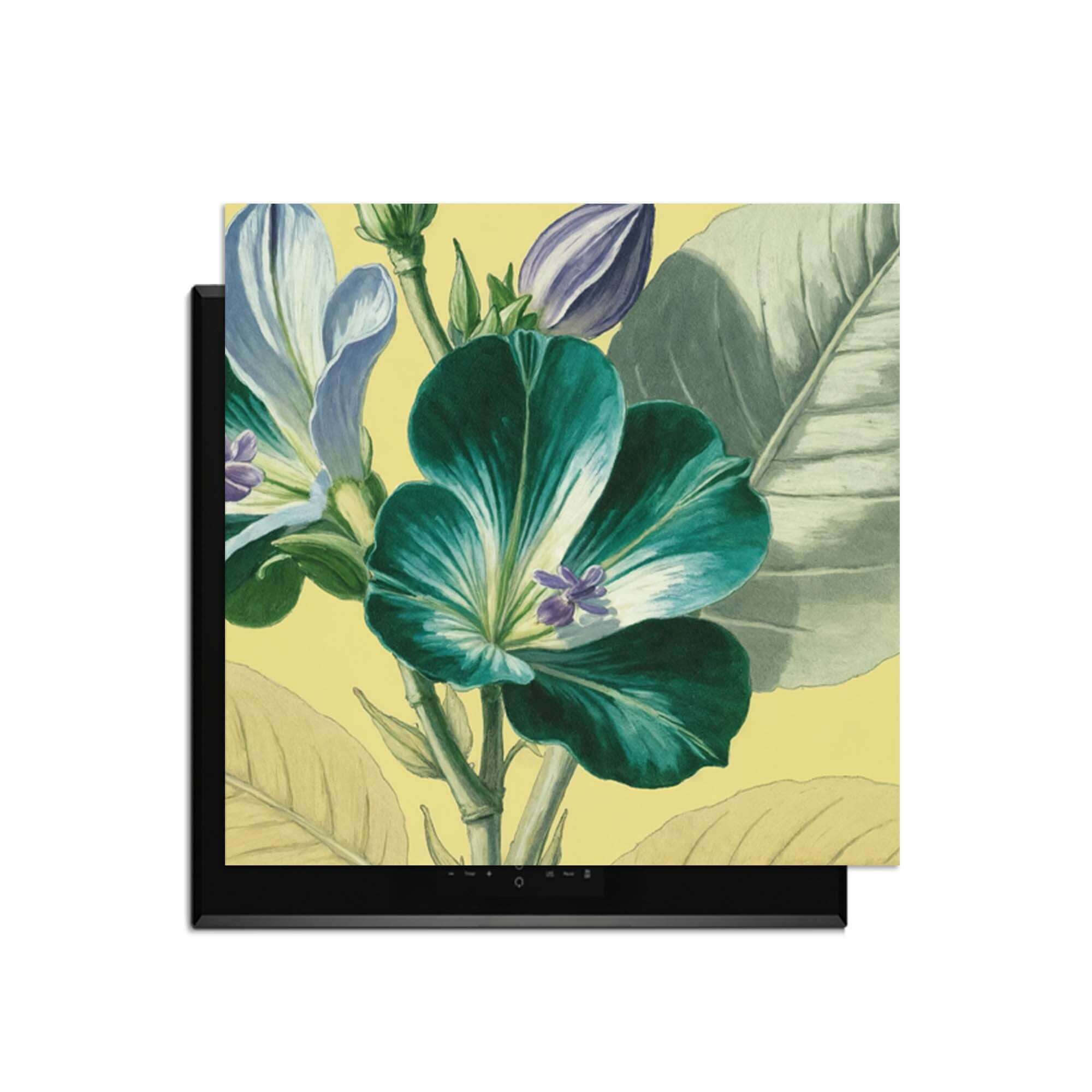 Botanical Glow - Herdabdeckplatte mit leuchtenden Blumen auf warmem gelben Leinen für einen botanischen Küchenstil.