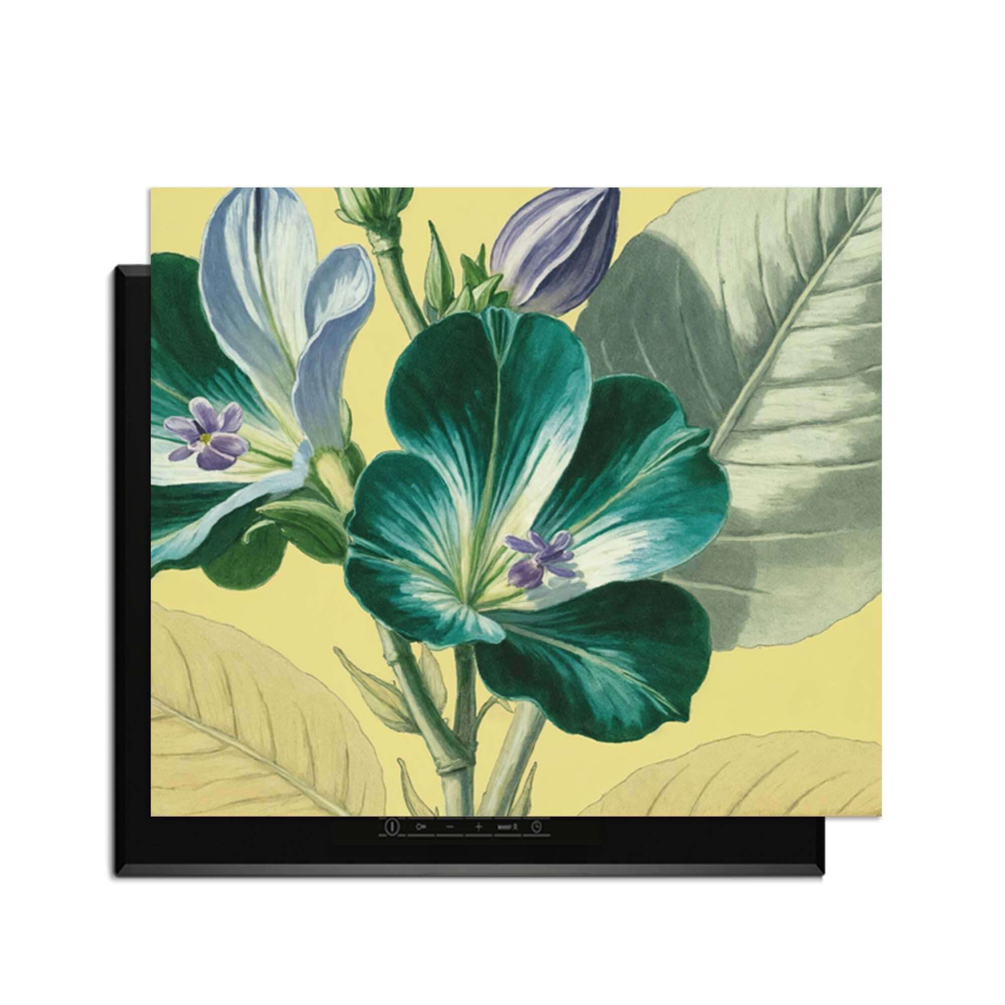 Botanical Glow - Herdabdeckplatte mit lebhaften Blumen auf einer warmgelben Leinwand für eine stilvolle Küche.
