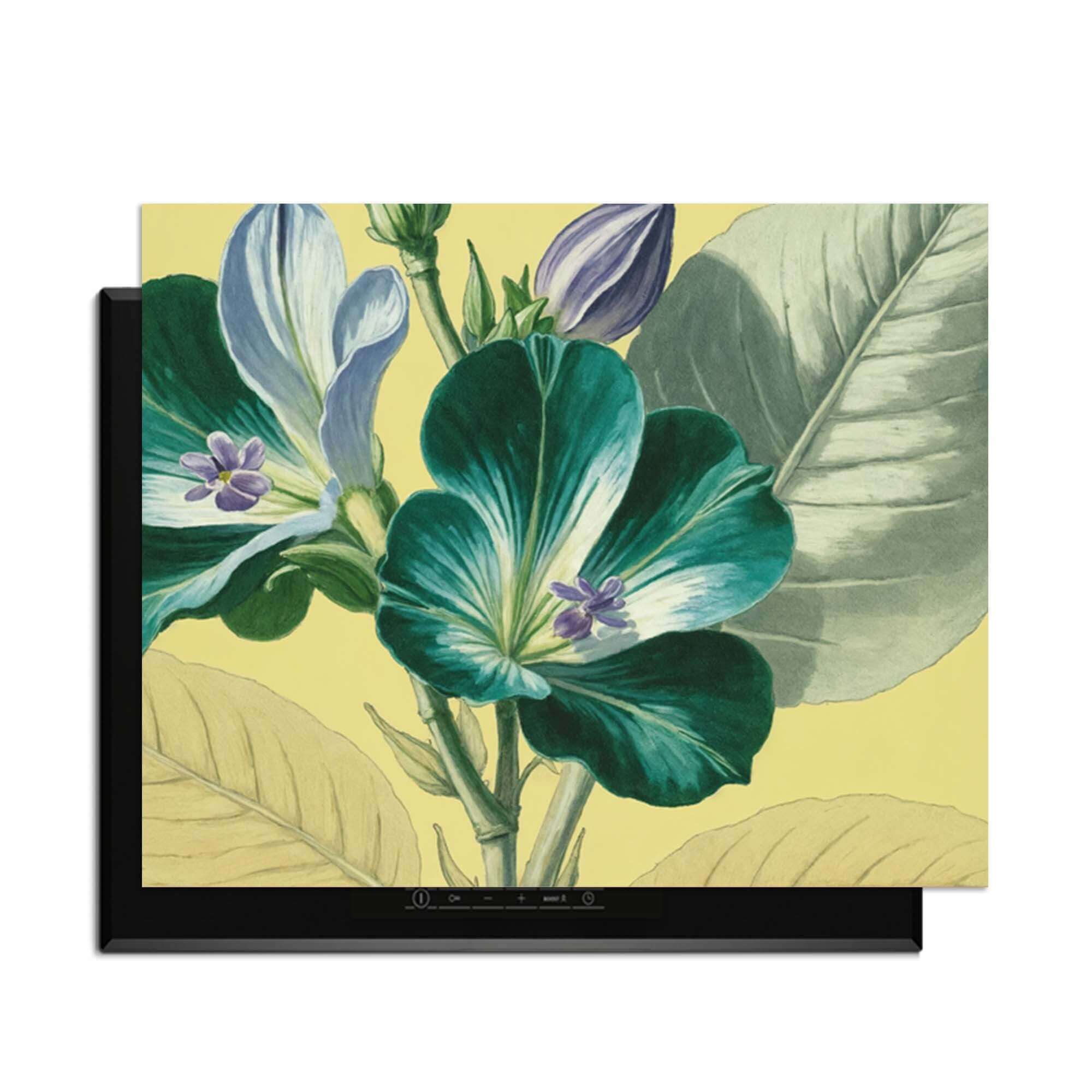 Botanical Glow - Herdabdeckplatte mit farbenfrohen Blumen auf einer warmen gelben Leinwand für ein stilvolles Interieur.