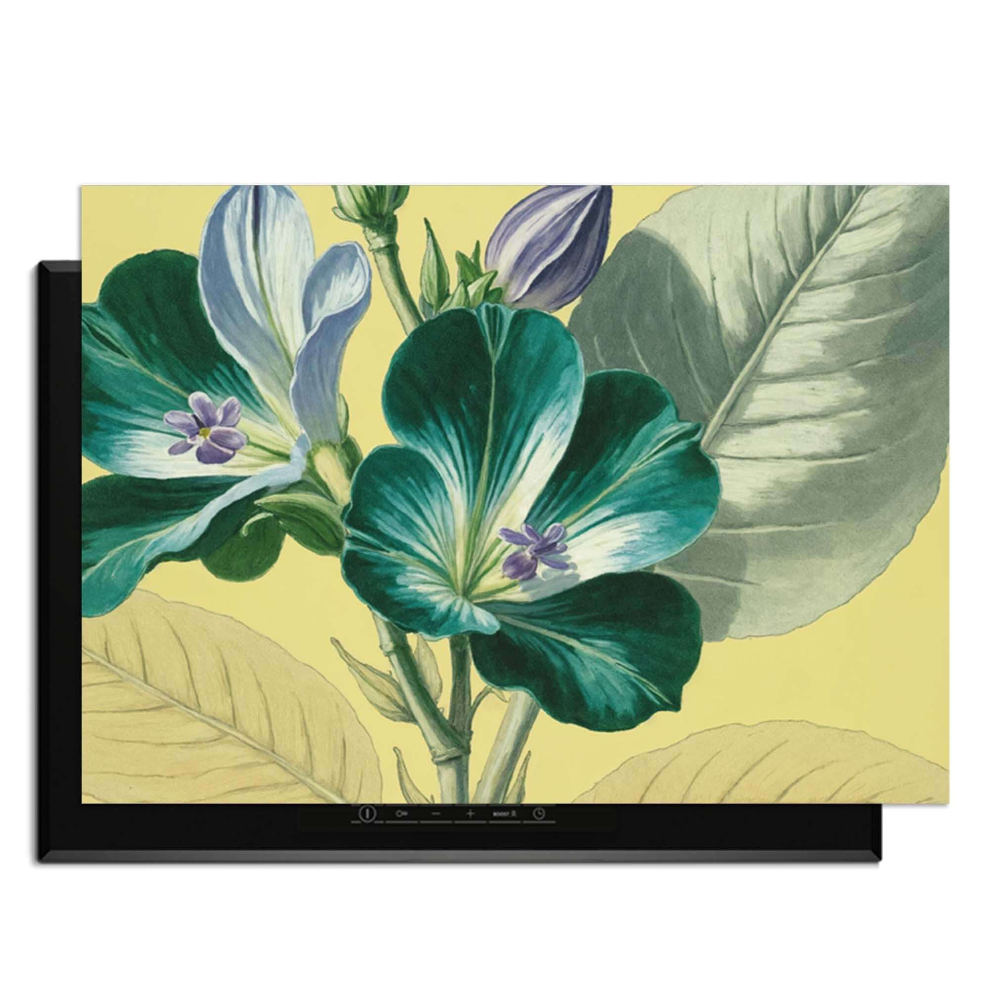 Botanical Glow - Herdabdeckplatte mit leuchtenden Blumen auf warmem gelben Leinen.