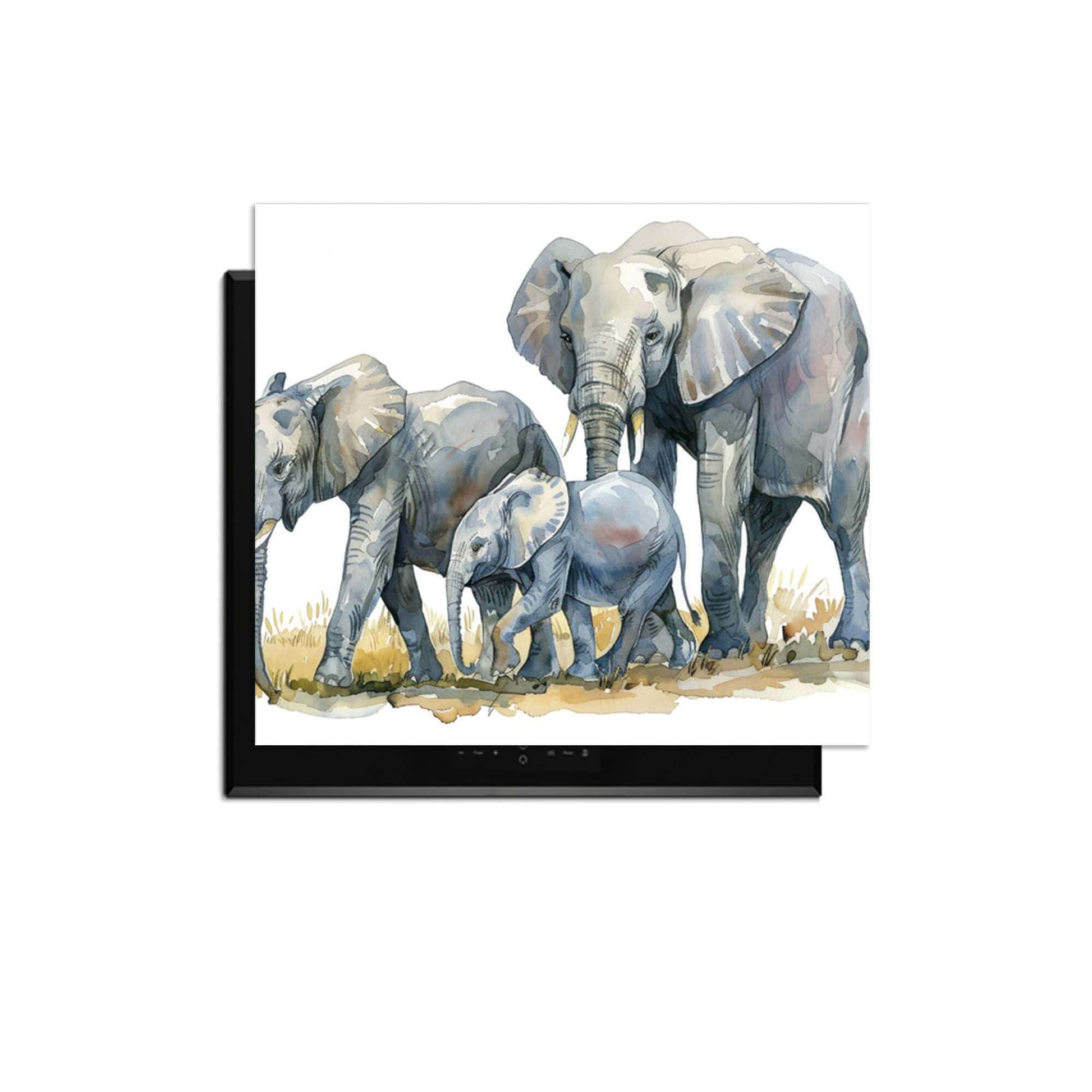 Elefantenfamilie - Herdabdeckplatte mit Aquarelldruck einer Elefantenfamilie zum Schutz von Induktionskochfeldern.
