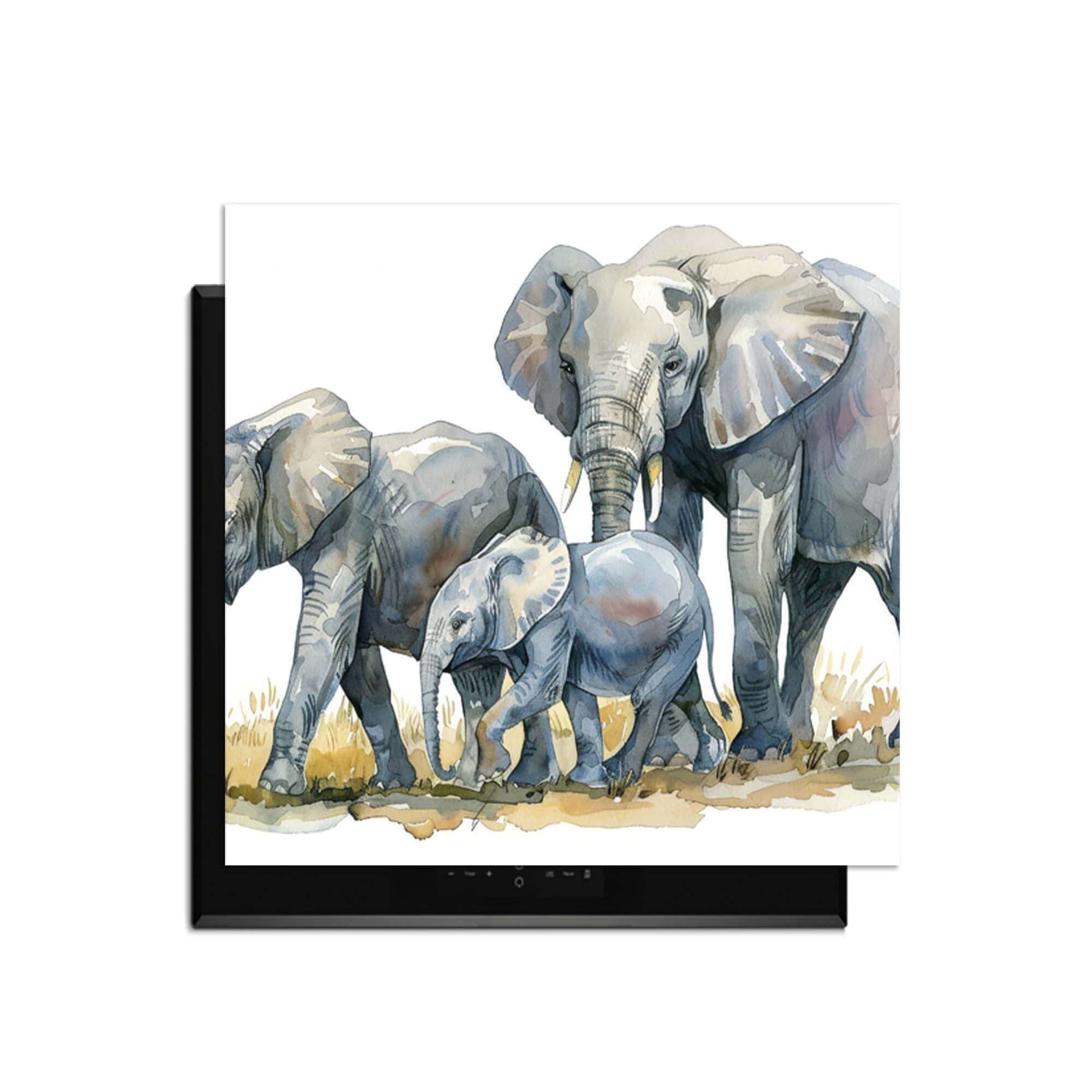 Elefantenfamilie - Herdabdeckplatte mit Aquarelldruck von Elefanten, ideal für jede Küche.
