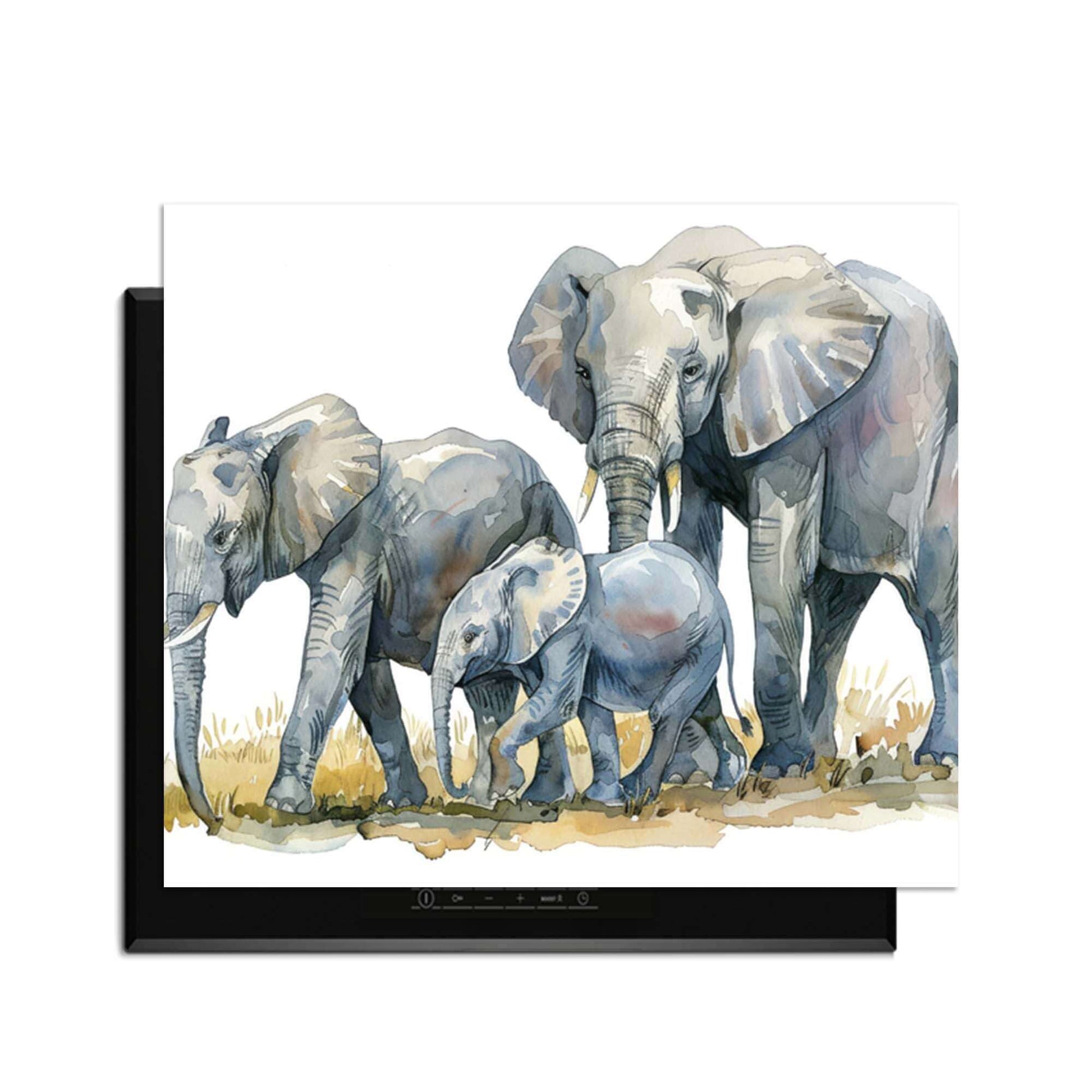 Elefantenfamilie - Herdabdeckplatte mit Aquarelldruck einer Elefantenfamilie für Ihre Küche.