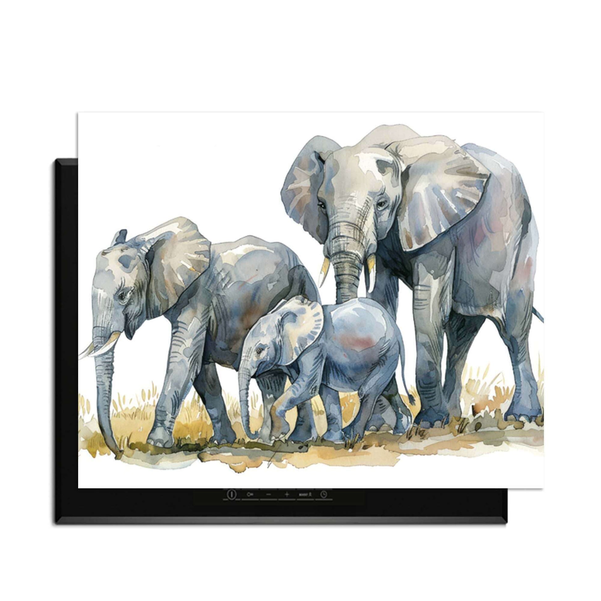 Elefantenfamilie - Herdabdeckplatte mit Aquarelldruck einer Elefantenfamilie für die Küche