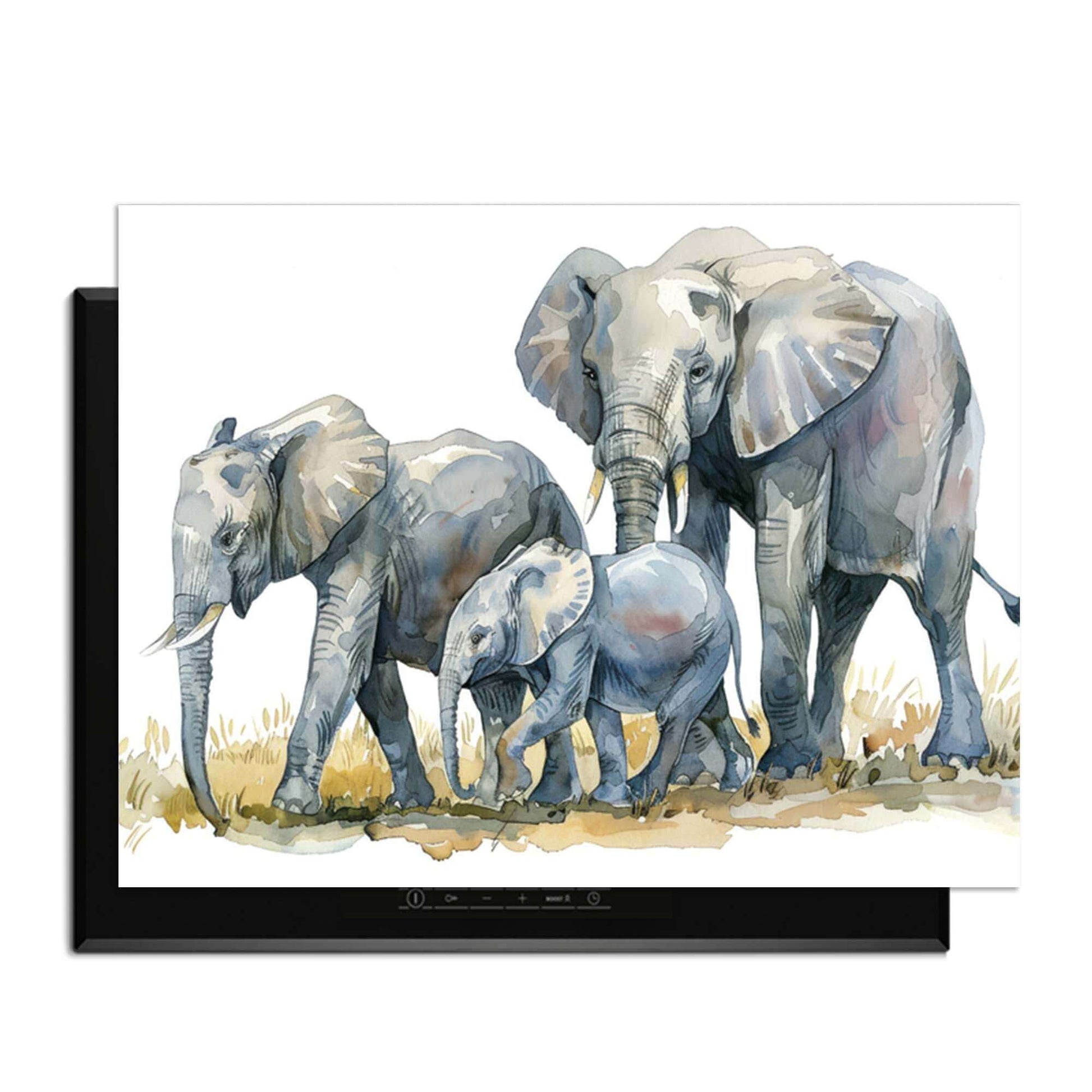 Elefantenfamilie - Herdabdeckplatte mit Aquarelldruck einer Elefantenfamilie für Ihr Induktionskochfeld.