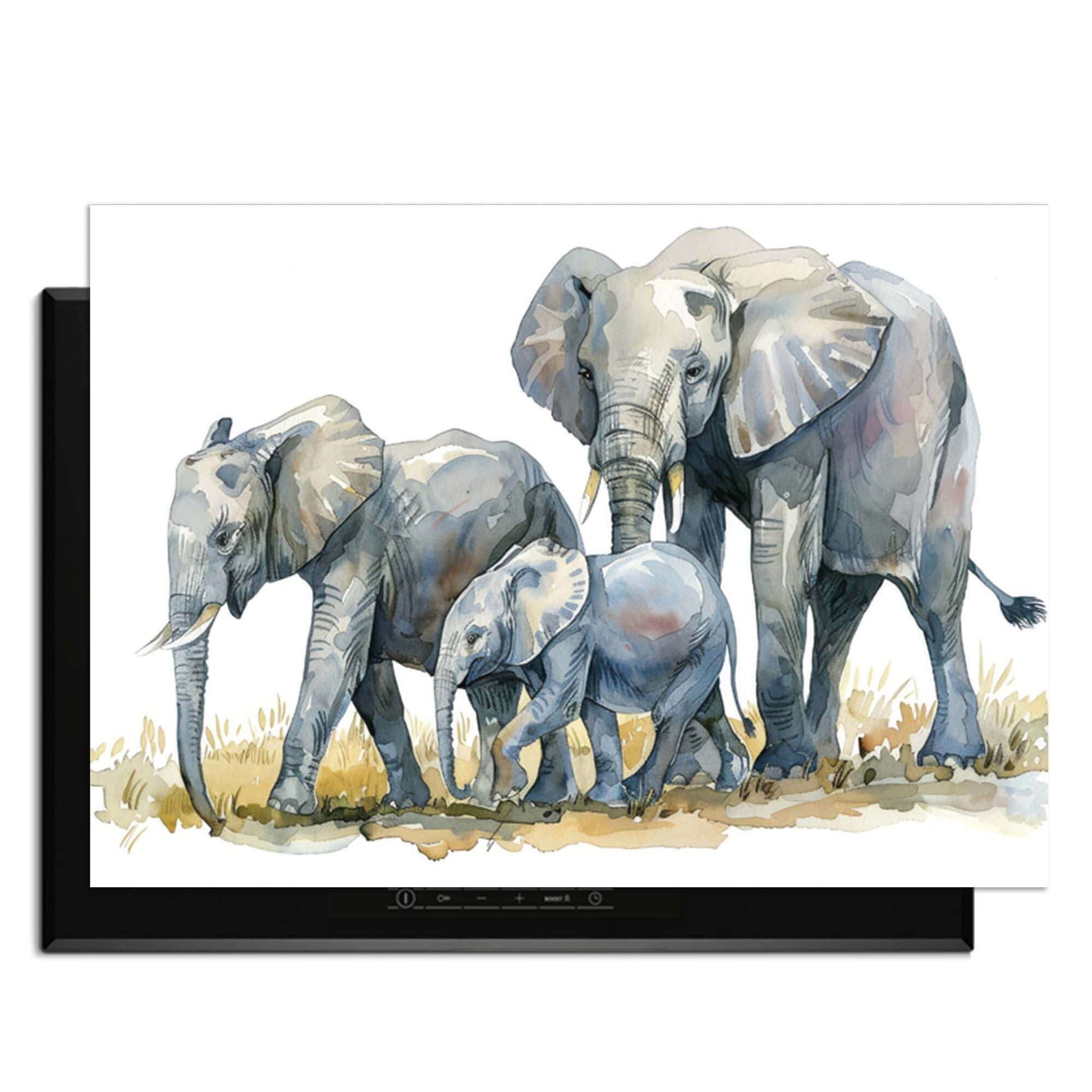 Elefantenfamilie - Herdabdeckplatte mit Aquarelldruck einer Elefantenfamilie zum Schutz der Küche.