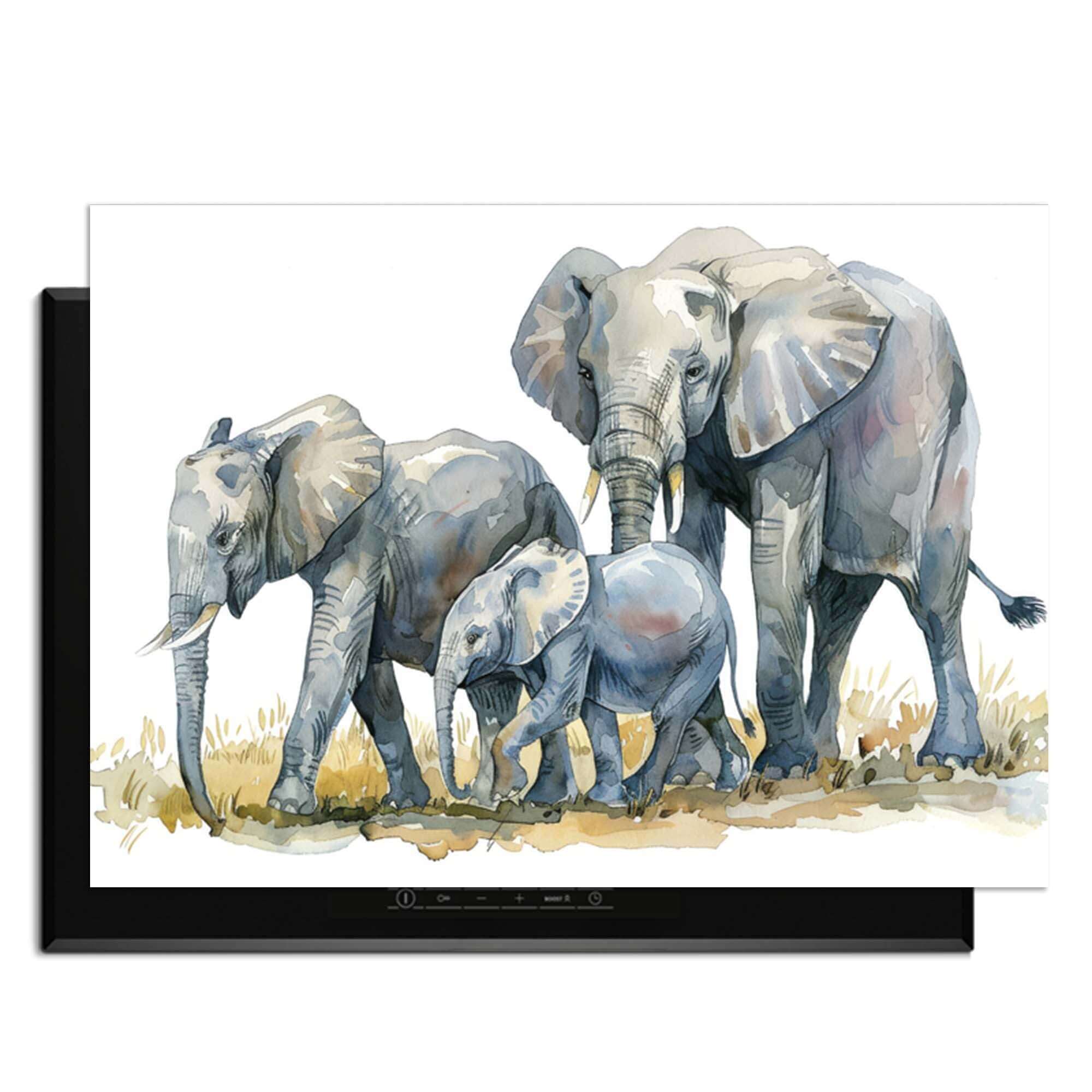 Elefantenfamilie - Herdabdeckplatte mit Aquarelldruck einer Elefantenfamilie zum Schutz der Küche.