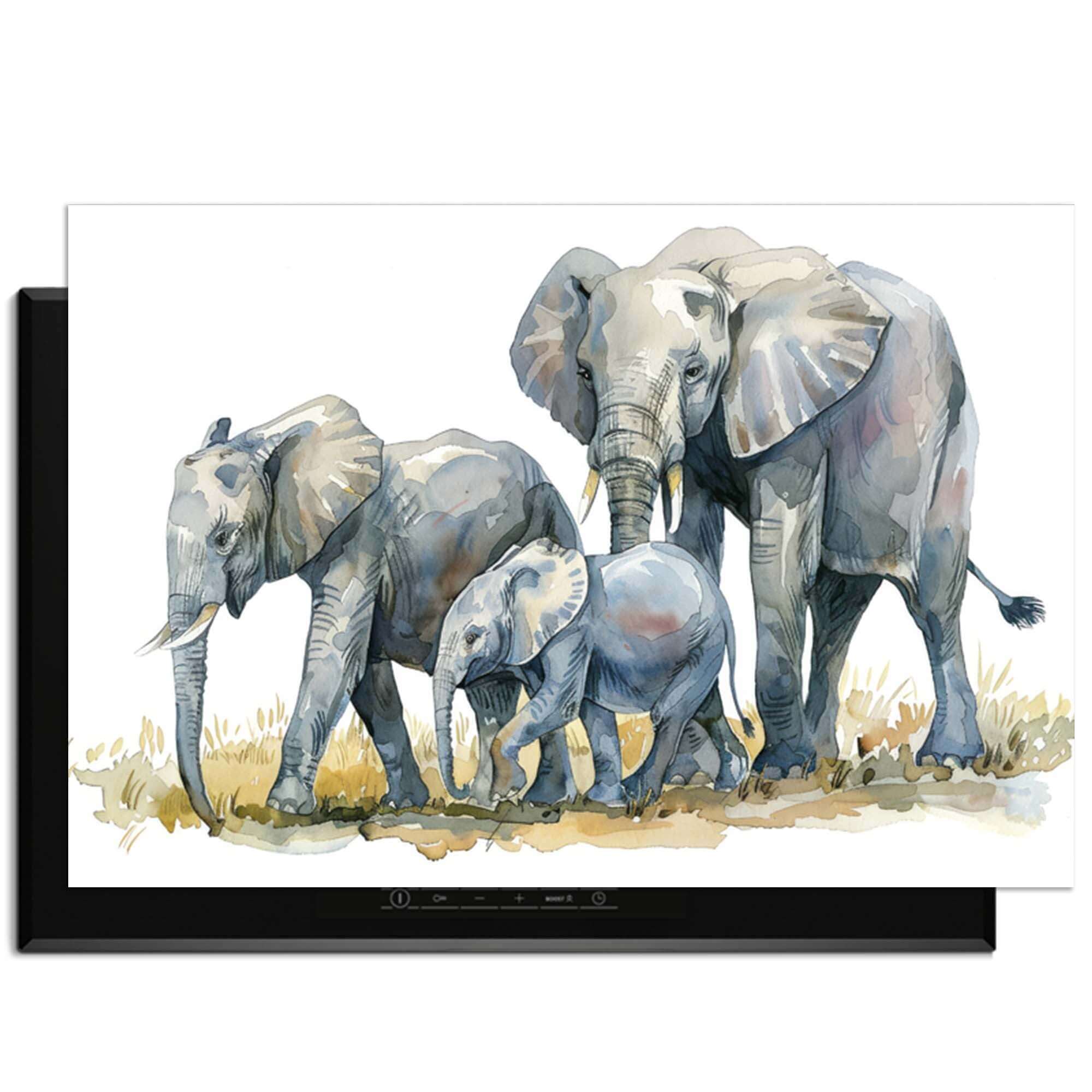Elefantenfamilie - Herdabdeckplatte mit Aquarelldruck einer Elefantenfamilie zum Schutz der Küche.