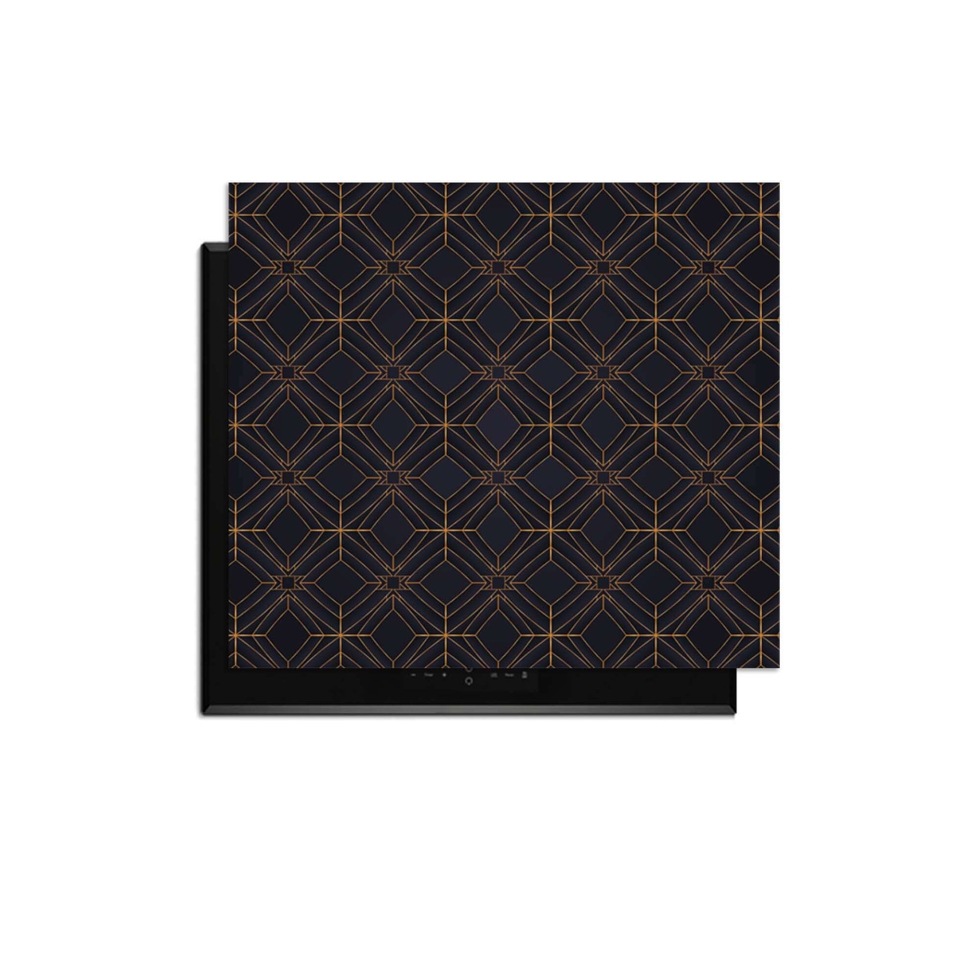 Midnight Geometry - Herdabdeckplatte mit tiefblauem und kupferfarbenem geometrischem Design.