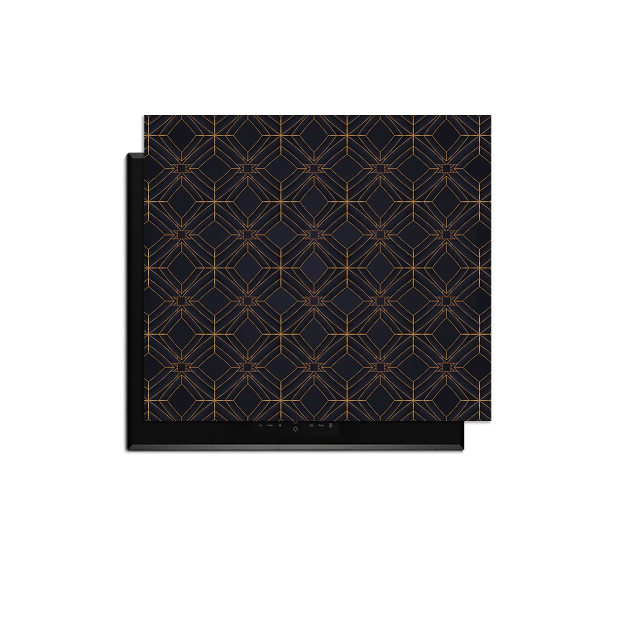 Midnight Geometry - Herdabdeckplatte mit tiefblauem und kupferfarbenem geometrischem Design.