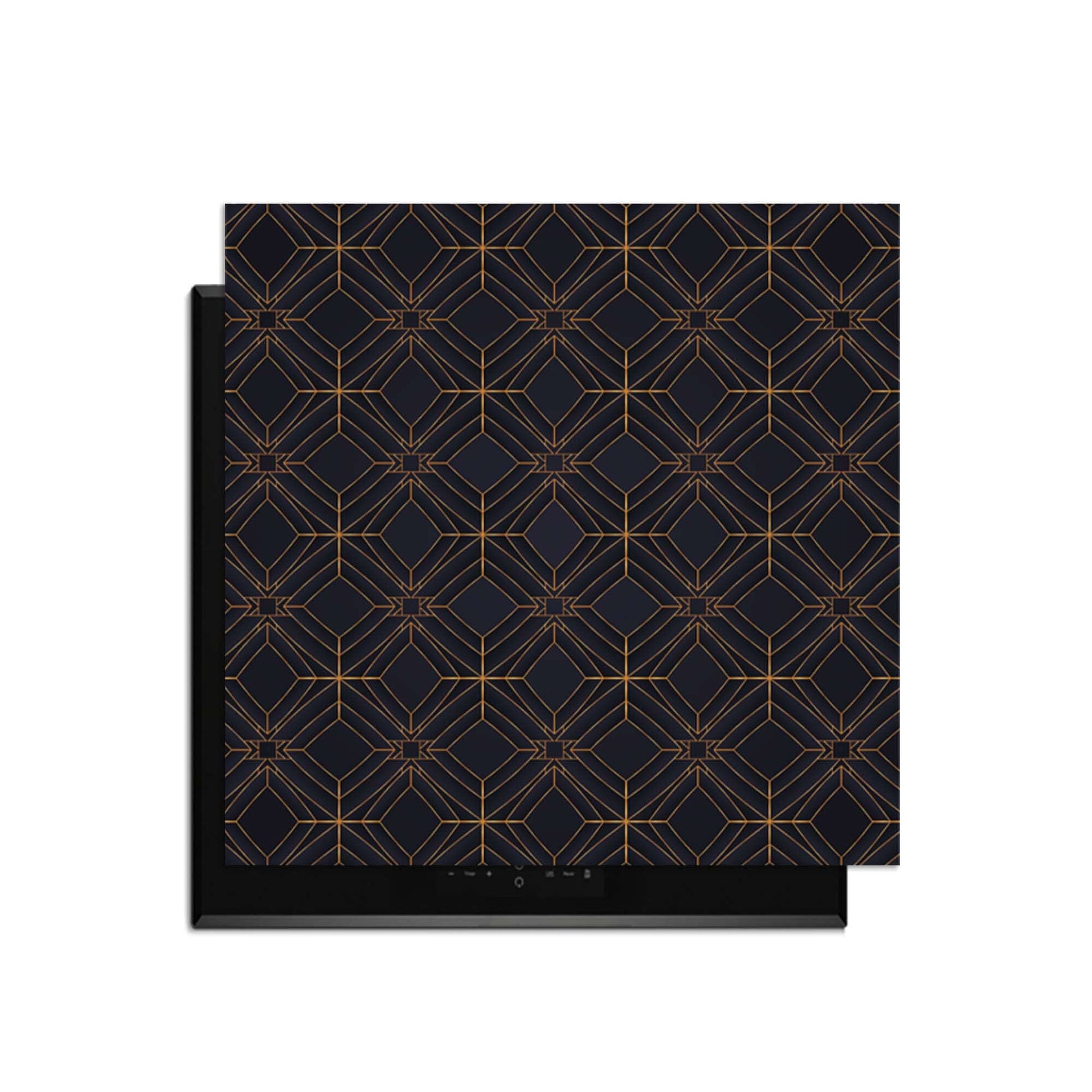 Midnight Geometry - Herdabdeckplatte mit tiefblauem Design und kupferfarbenen Linien.
