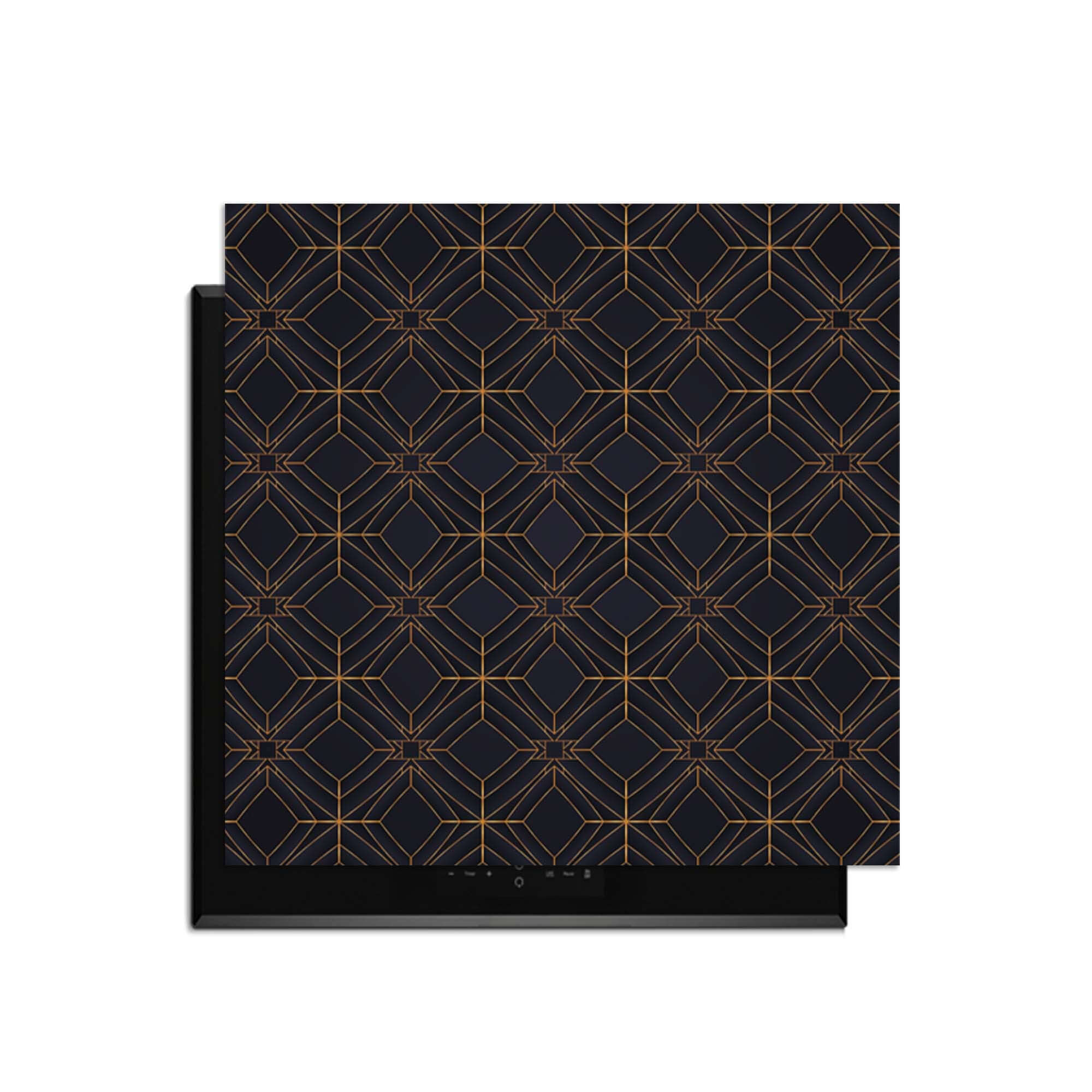 Midnight Geometry - Herdabdeckplatte mit tiefblauem Design und kupferfarbenen Linien.