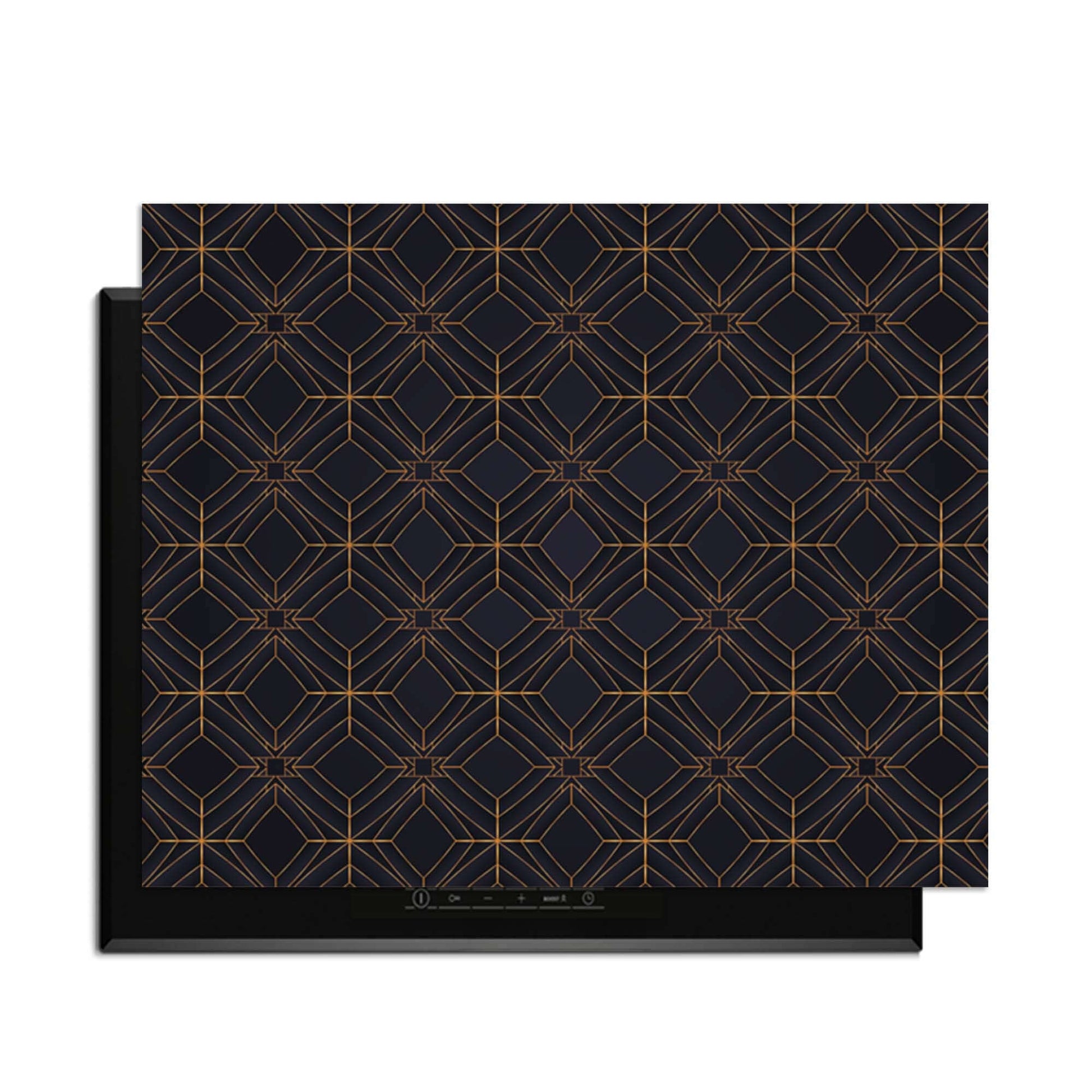 Midnight Geometry - Herdabdeckplatte mit tiefblauen und kupferfarbenen Linien, perfekt für moderne Küchen.