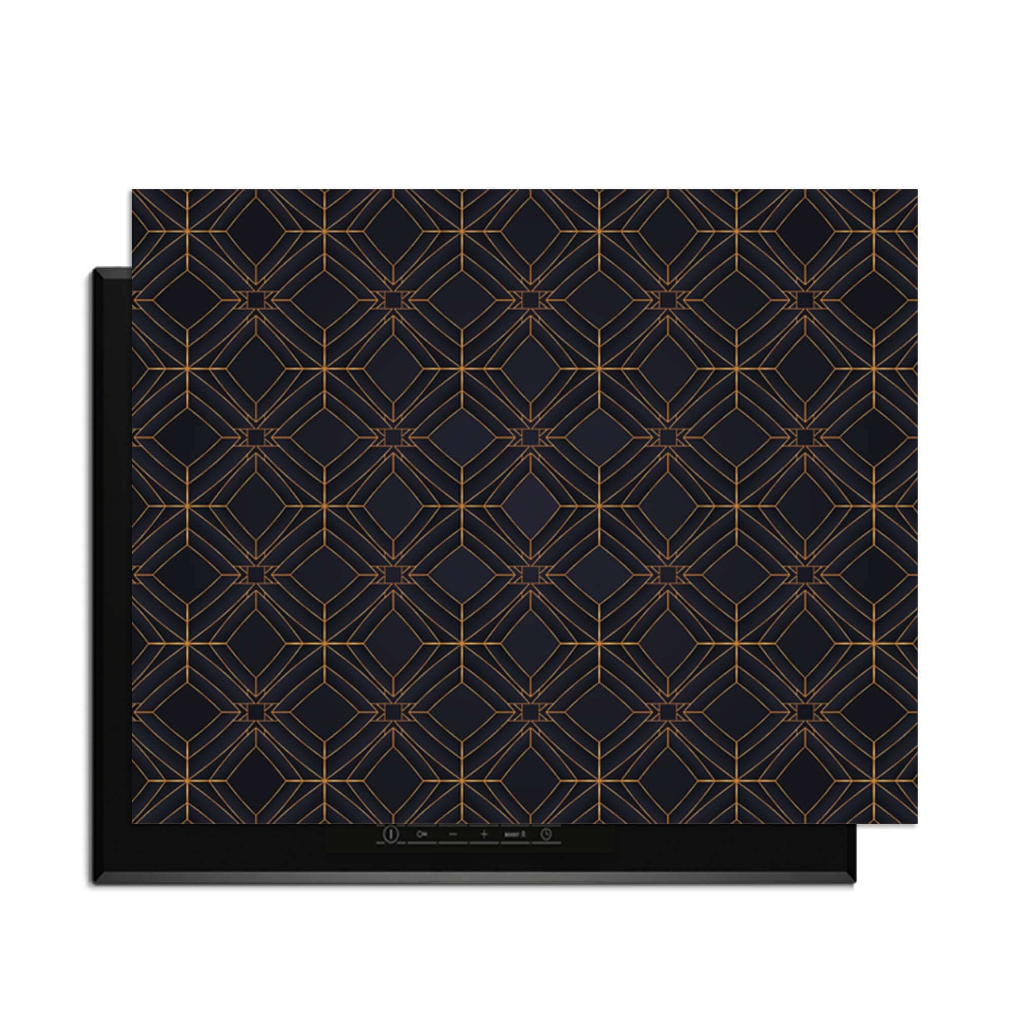 Midnight Geometry - Herdabdeckplatte mit tiefblauen und kupferfarbenen Linien, perfekt für moderne Küchen.