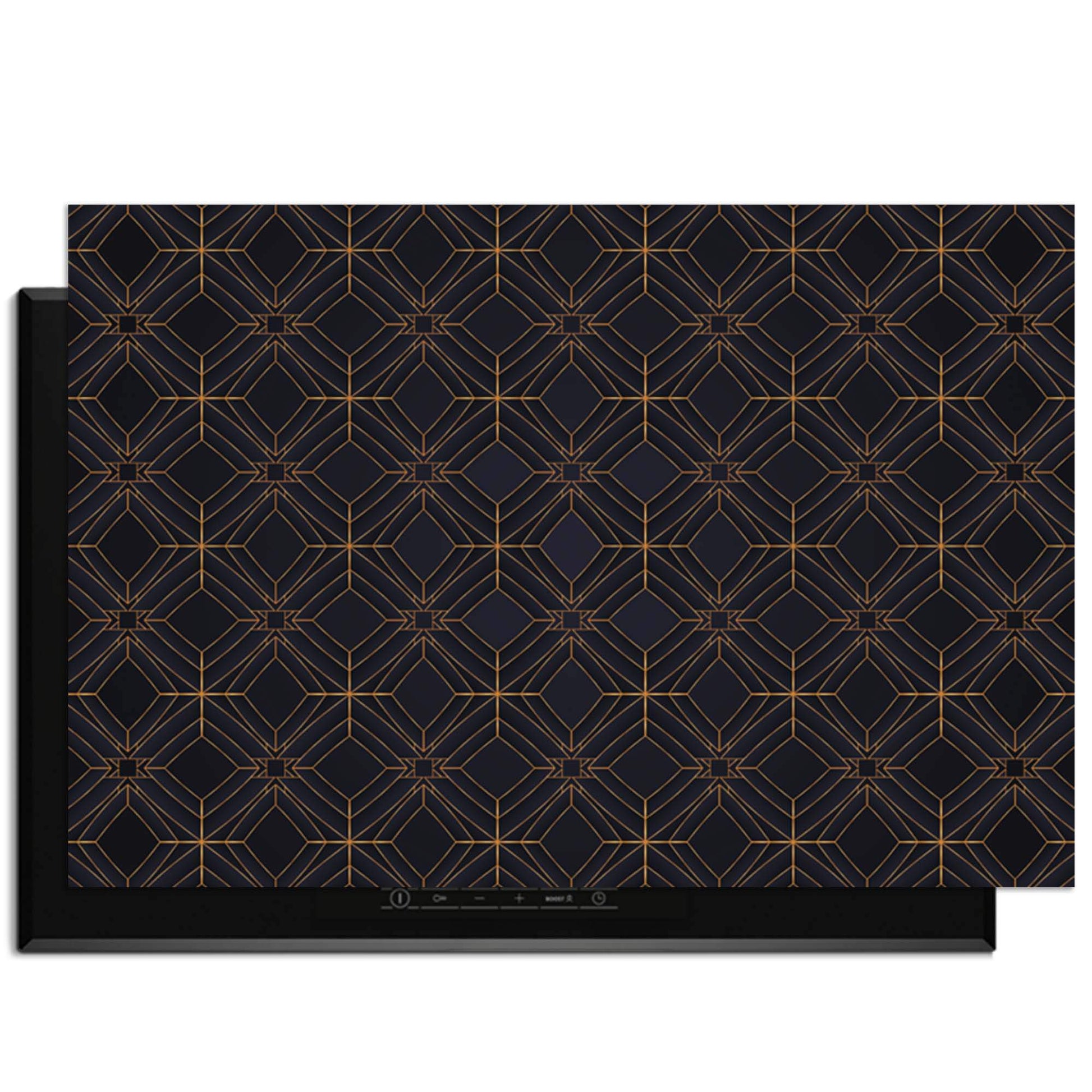 Midnight Geometry - Herdabdeckplatte mit tiefblauem Design und kupferfarbenen Linien für eine moderne Küche.